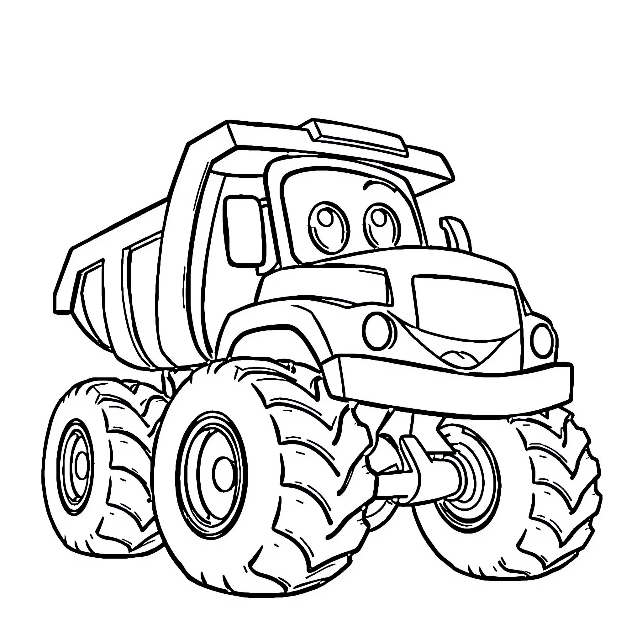Dumptruck with big tires and friendly expression Coloring Page (free black-and-white line drawing printable PDF for all, from beginners to advanced learners, including children, teens, adults, and seniors)