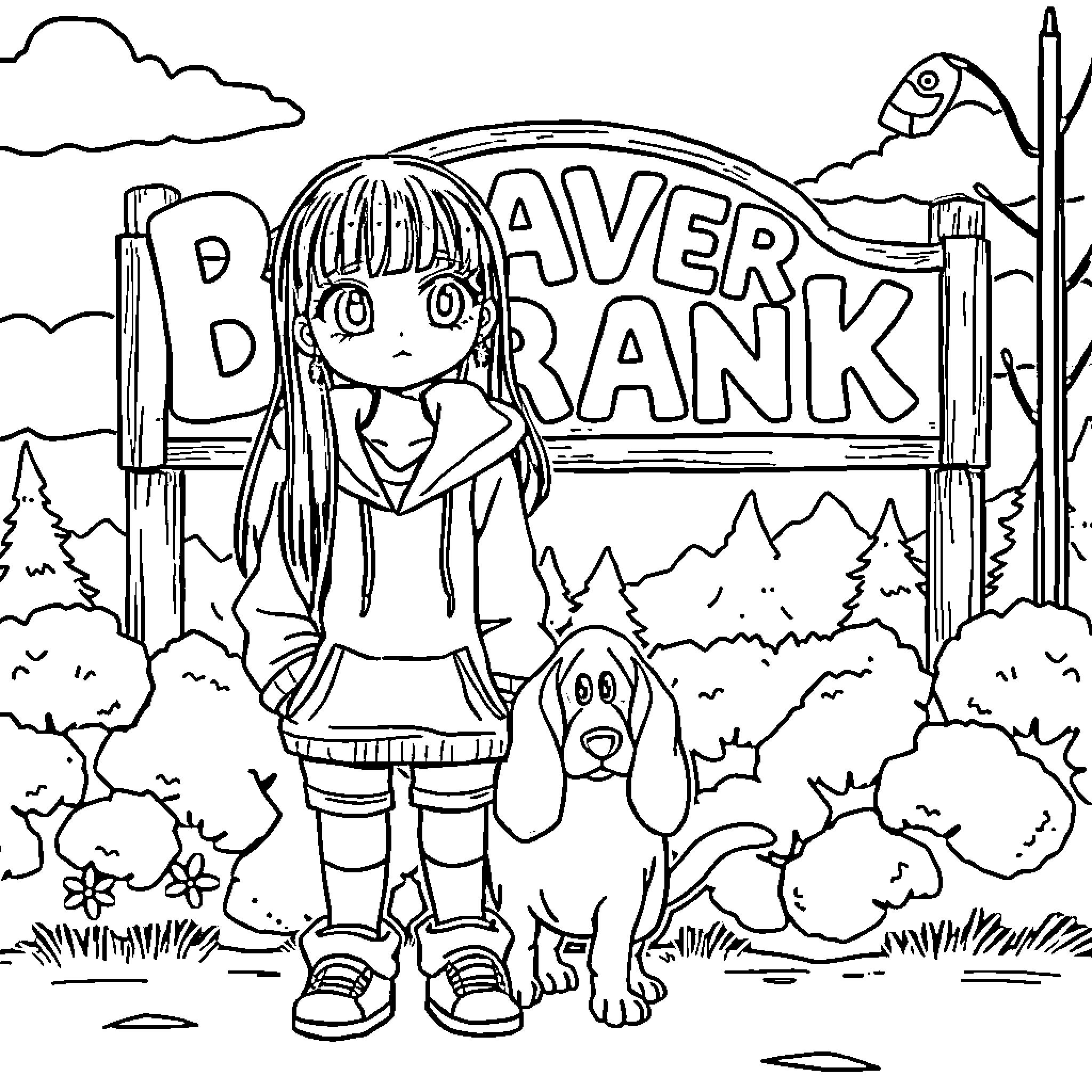 Girl exploring Beaver Park with her dog Coloring Page (free black-and-white line drawing printable PDF for all, from beginners to advanced learners, including children, teens, adults, and seniors)