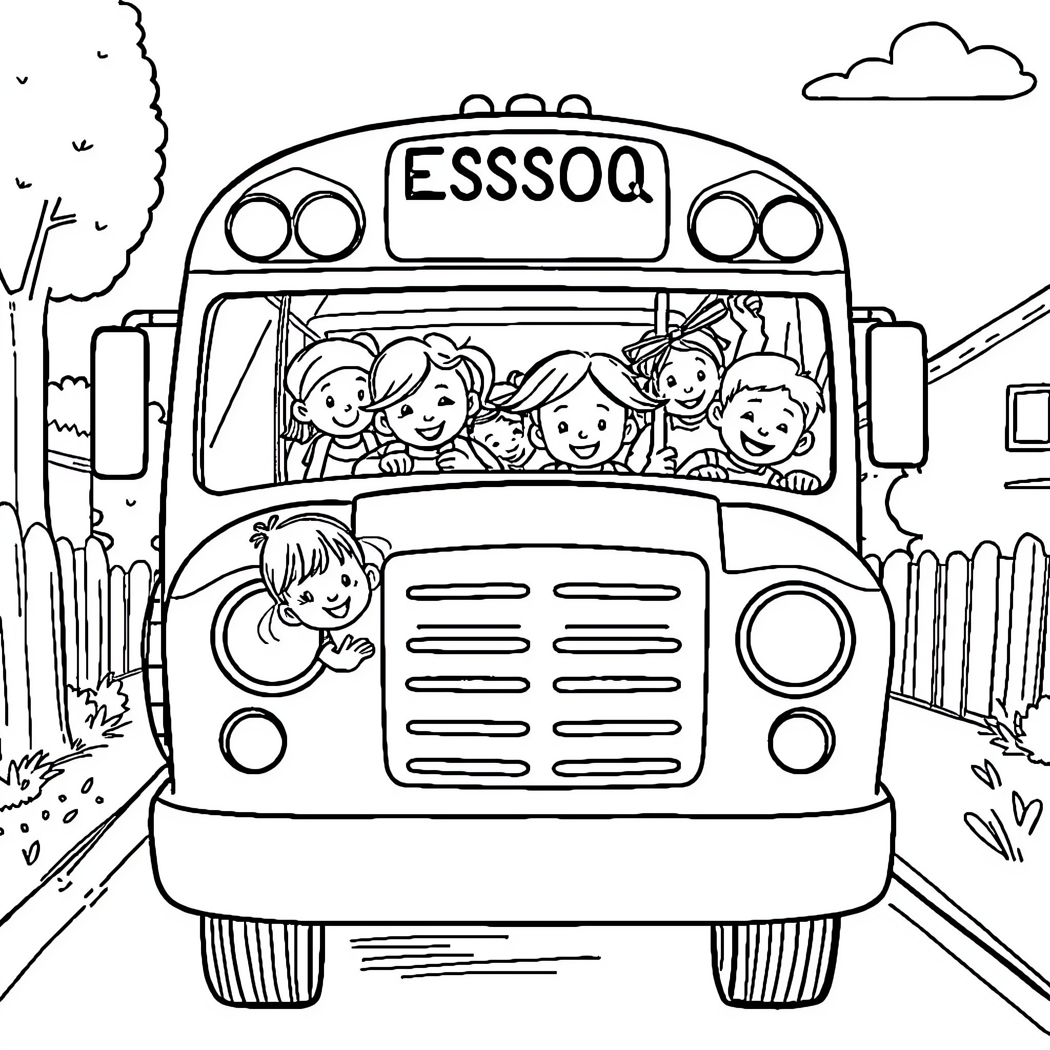 Bus full of happy children on a field trip Coloring Page (free black-and-white line drawing printable PDF for all, from beginners to advanced learners, including children, teens, adults, and seniors)