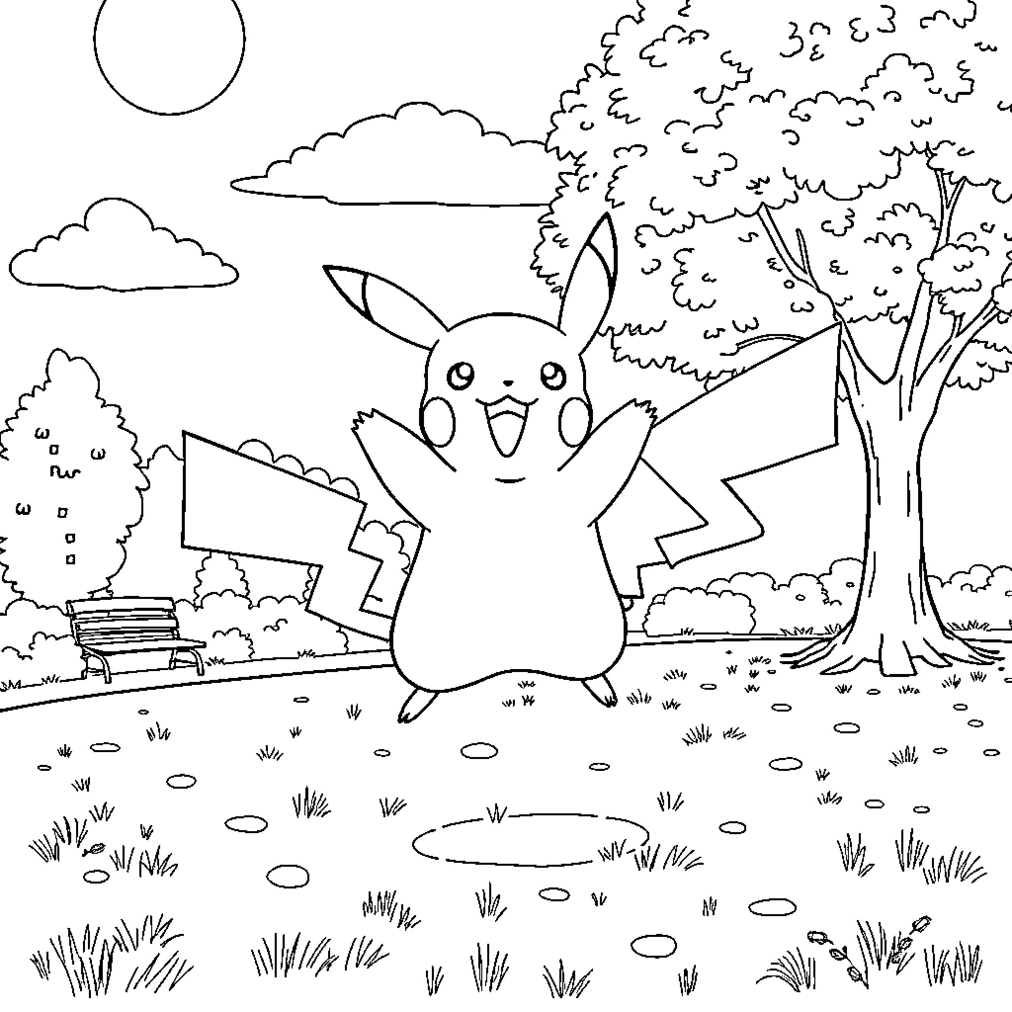 Pikachu enjoying the peaceful outdoors Coloring Page (free black-and-white line drawing printable PDF for all, from beginners to advanced learners, including children, teens, adults, and seniors)