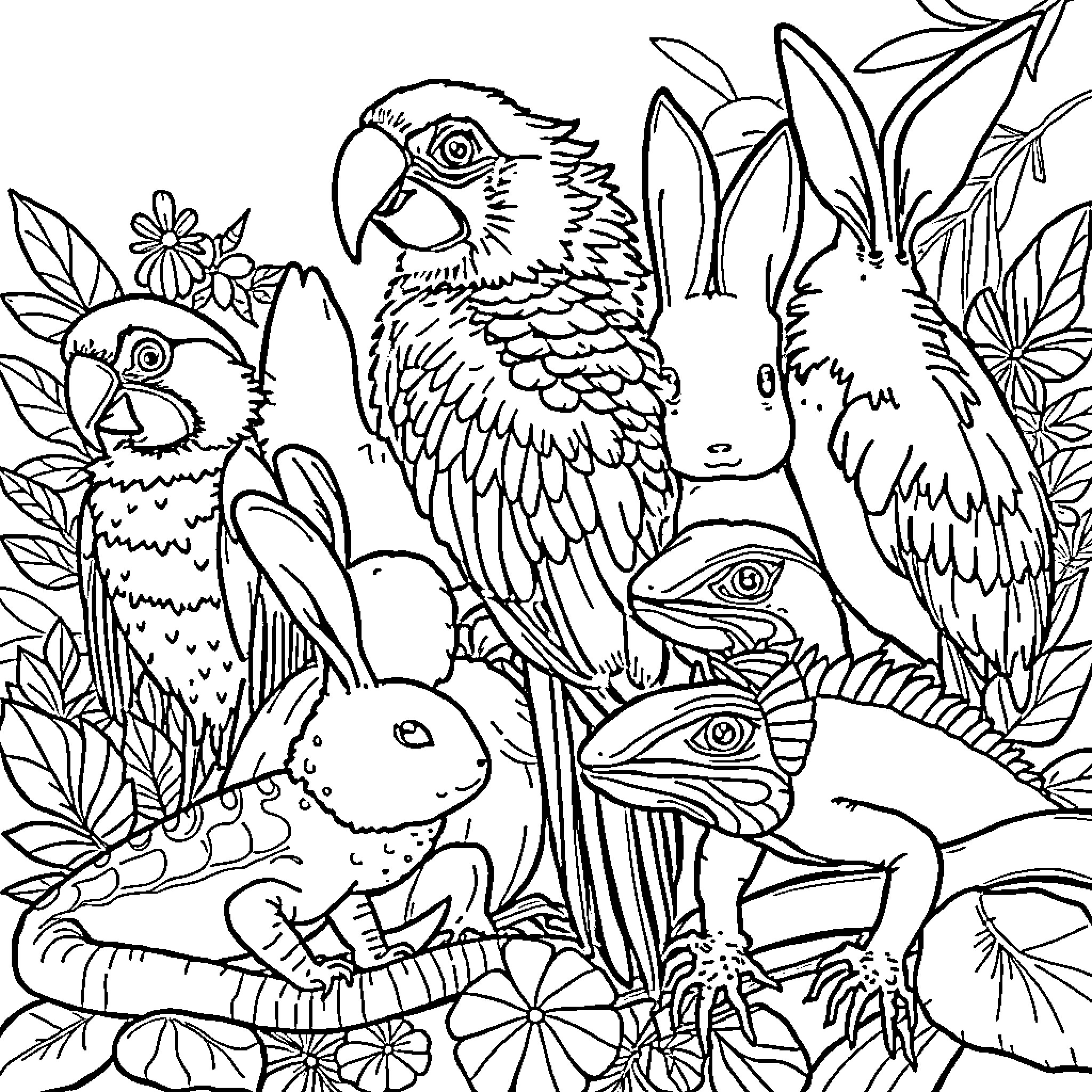 Pet parrots and bunnies in a lush garden Coloring Page (free black-and-white line drawing printable PDF for all, from beginners to advanced learners, including children, teens, adults, and seniors)