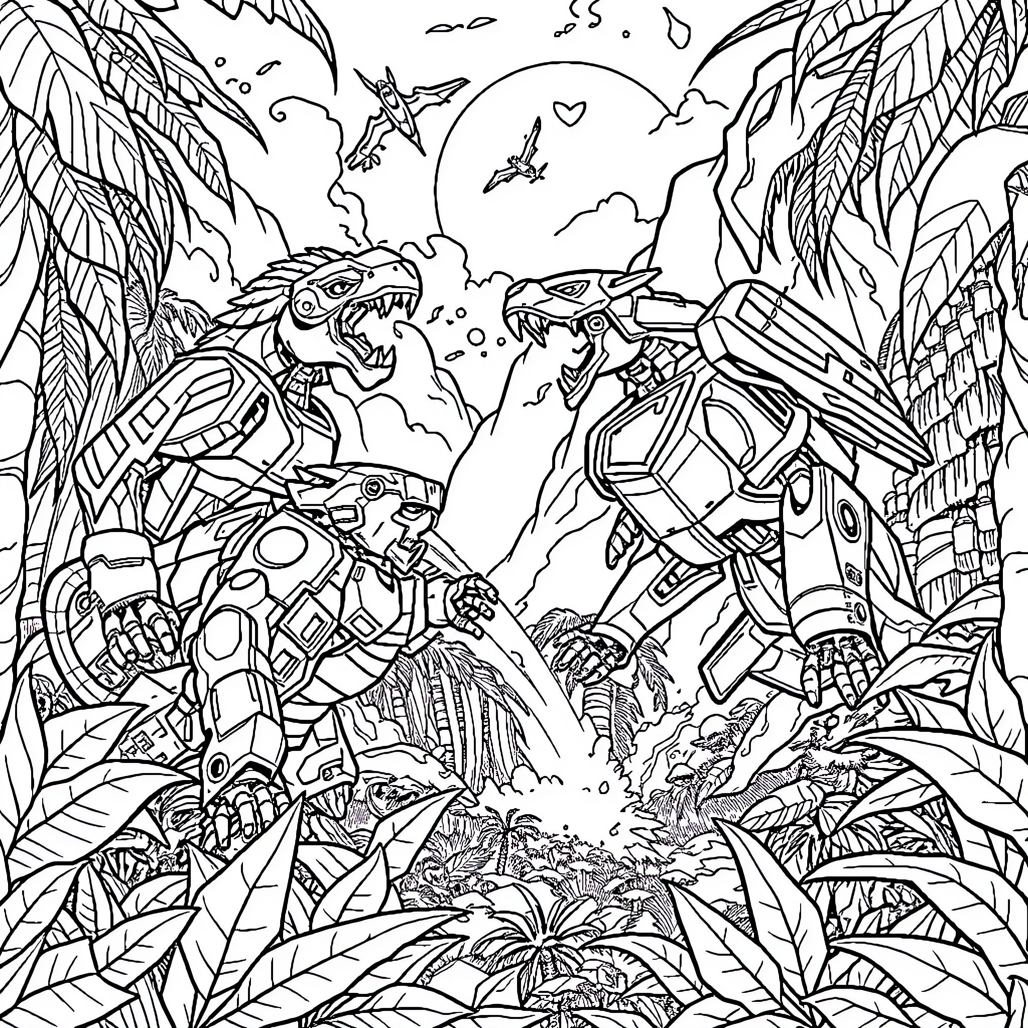 Beast battle in the mystical jungle landscape Coloring Page (free black-and-white line drawing printable PDF for all, from beginners to advanced learners, including children, teens, adults, and seniors)