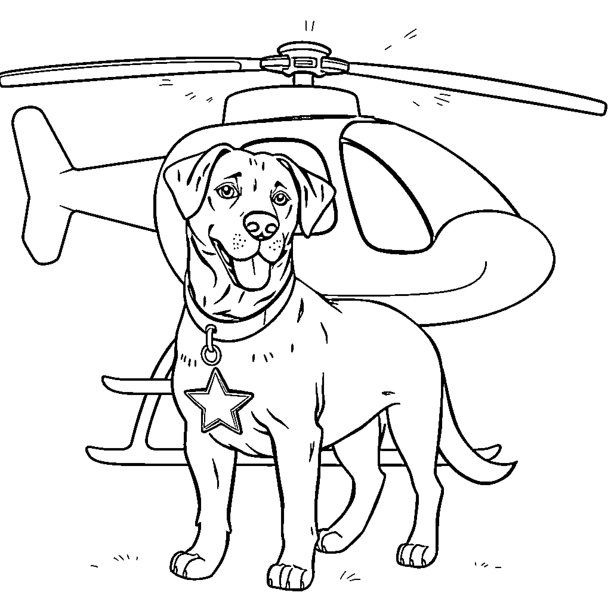 Sheriff Labrador rescues from helicopter Coloring Page (free black-and-white line drawing printable PDF for all, from beginners to advanced learners, including children, teens, adults, and seniors)