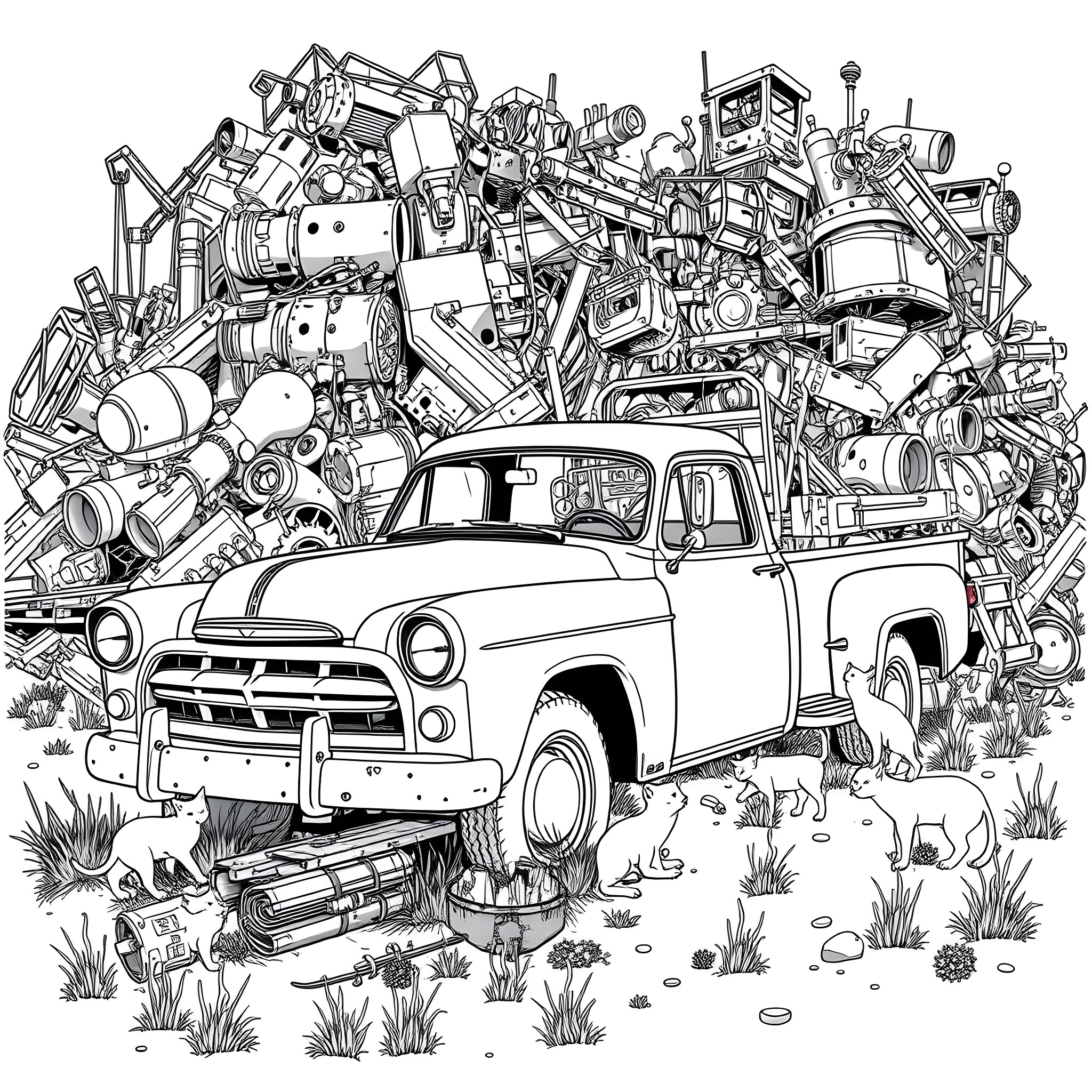 Pickup of discarded mechanical items in the countryside Coloring Page (free black-and-white line drawing printable PDF for all, from beginners to advanced learners, including children, teens, adults, and seniors)