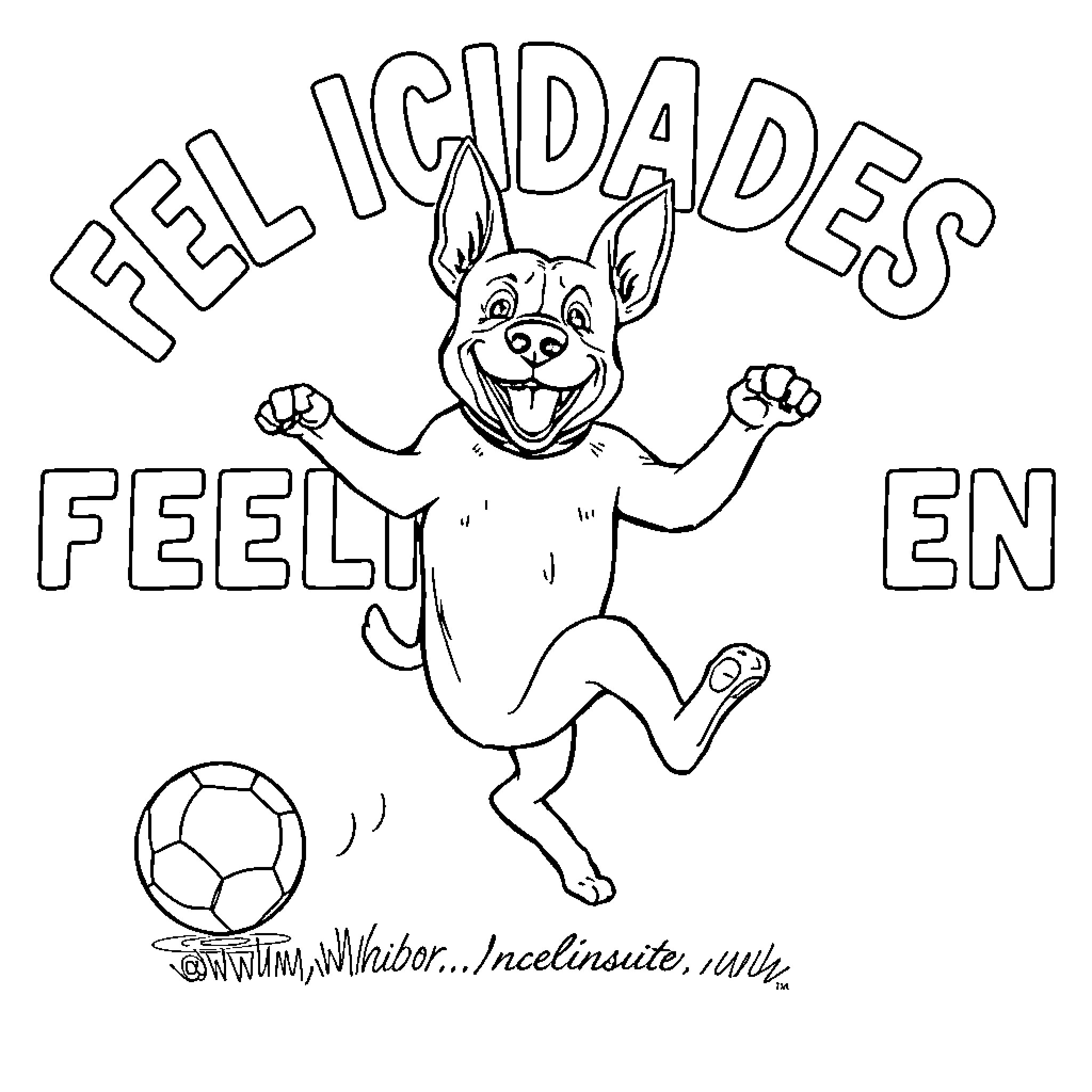 Dog happily playing with soccer ball Coloring Page (free black-and-white line drawing printable PDF for all, from beginners to advanced learners, including children, teens, adults, and seniors)
