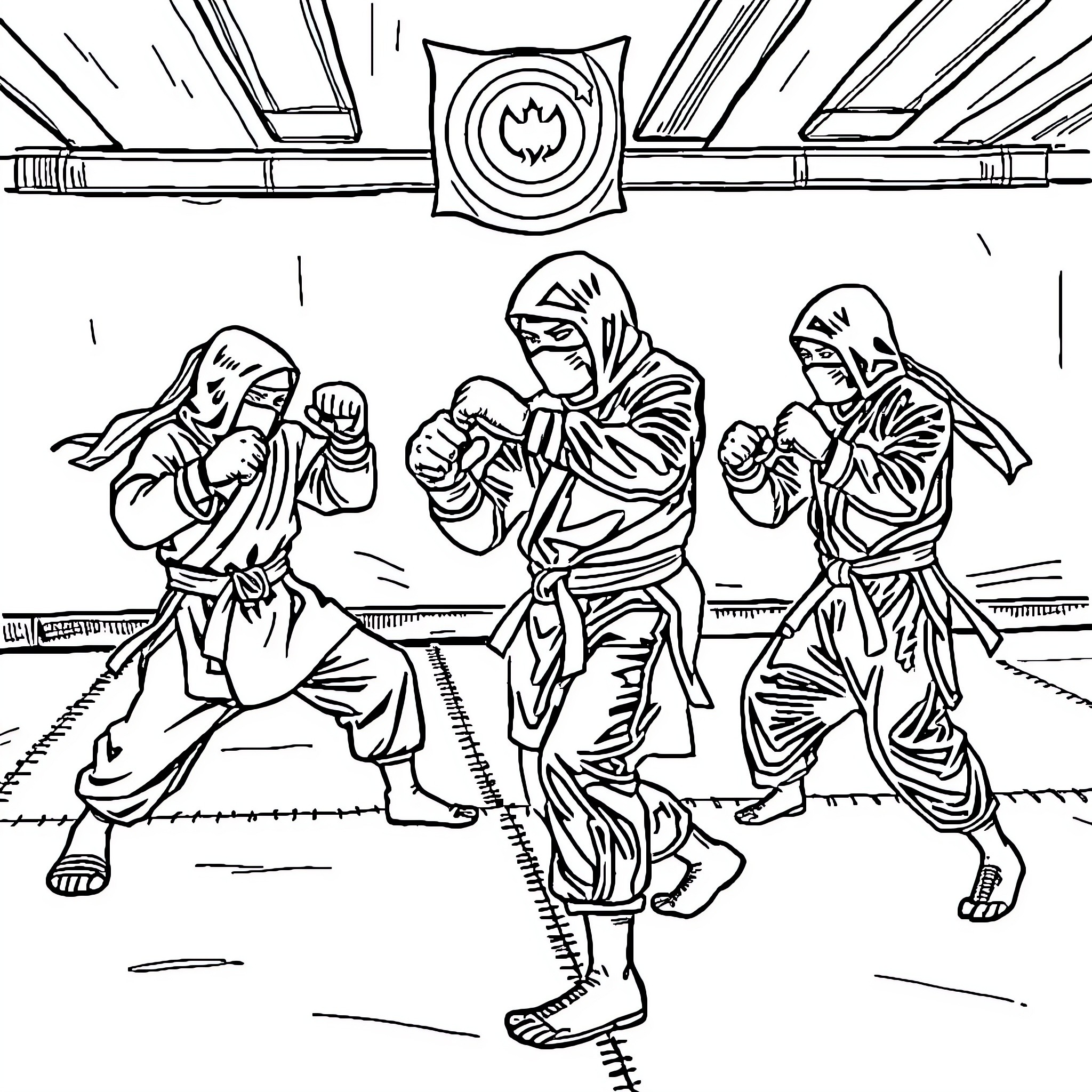 Ninja warriors training and sparring in the dojo Coloring Page (free black-and-white line drawing printable PDF for all, from beginners to advanced learners, including children, teens, adults, and seniors)