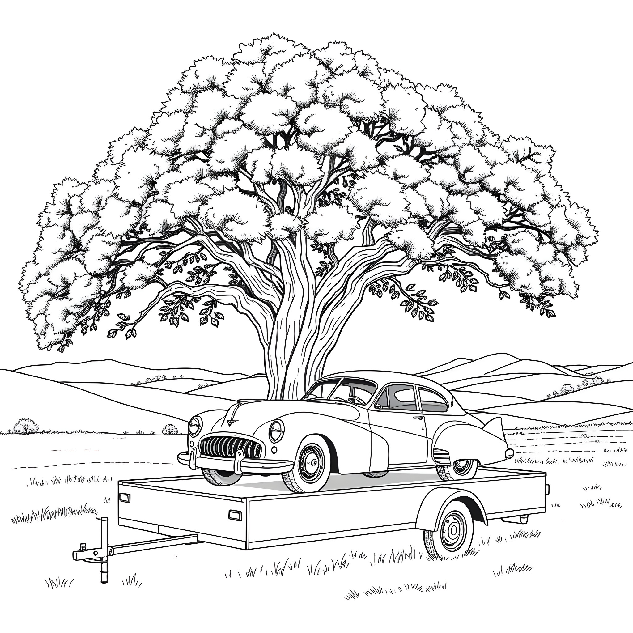 Car on trailer under large oak tree Coloring Page (free black-and-white line drawing printable PDF for all, from beginners to advanced learners, including children, teens, adults, and seniors)