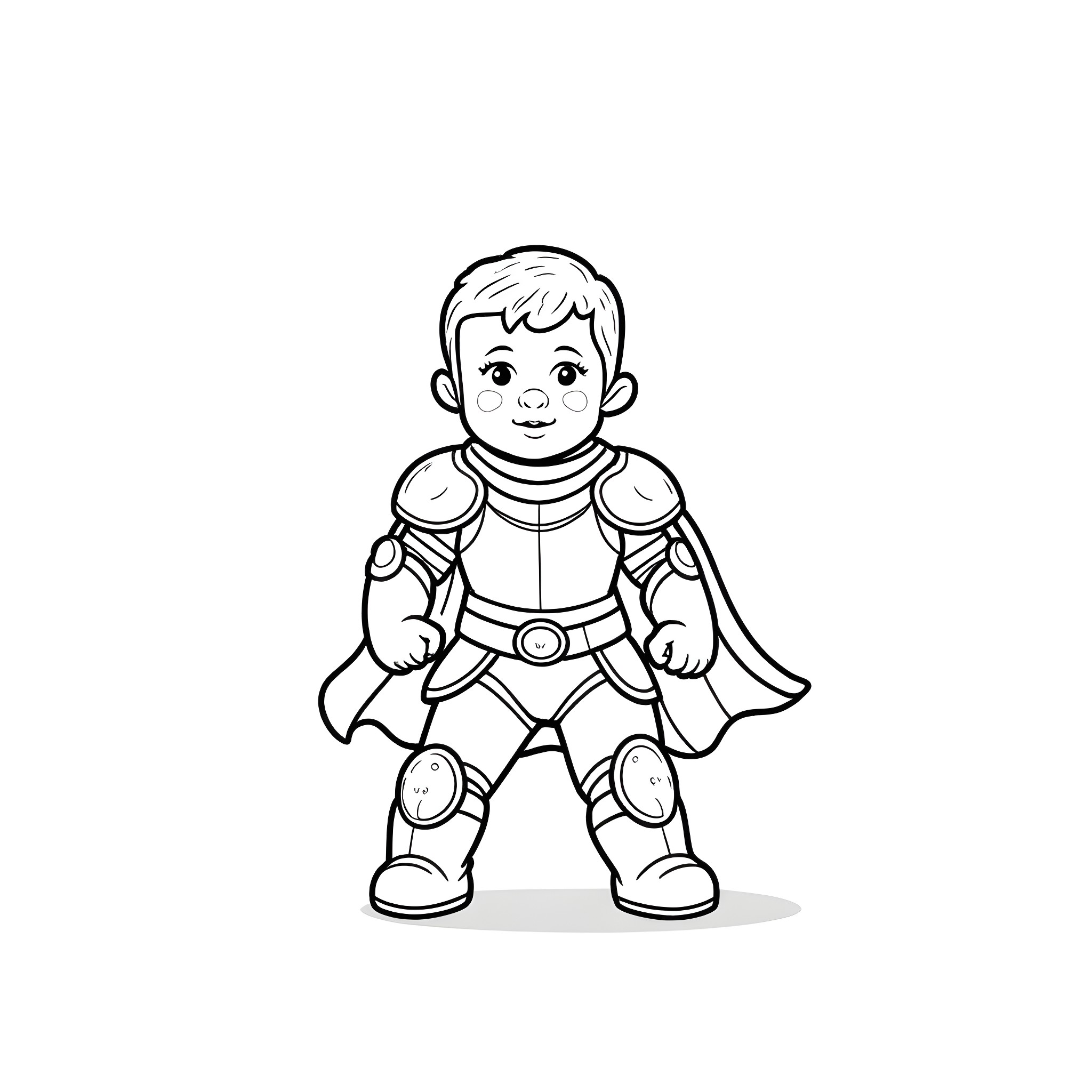 Baby superhero in costume with cape Coloring Page (free black-and-white line drawing printable PDF for all, from beginners to advanced learners, including children, teens, adults, and seniors)