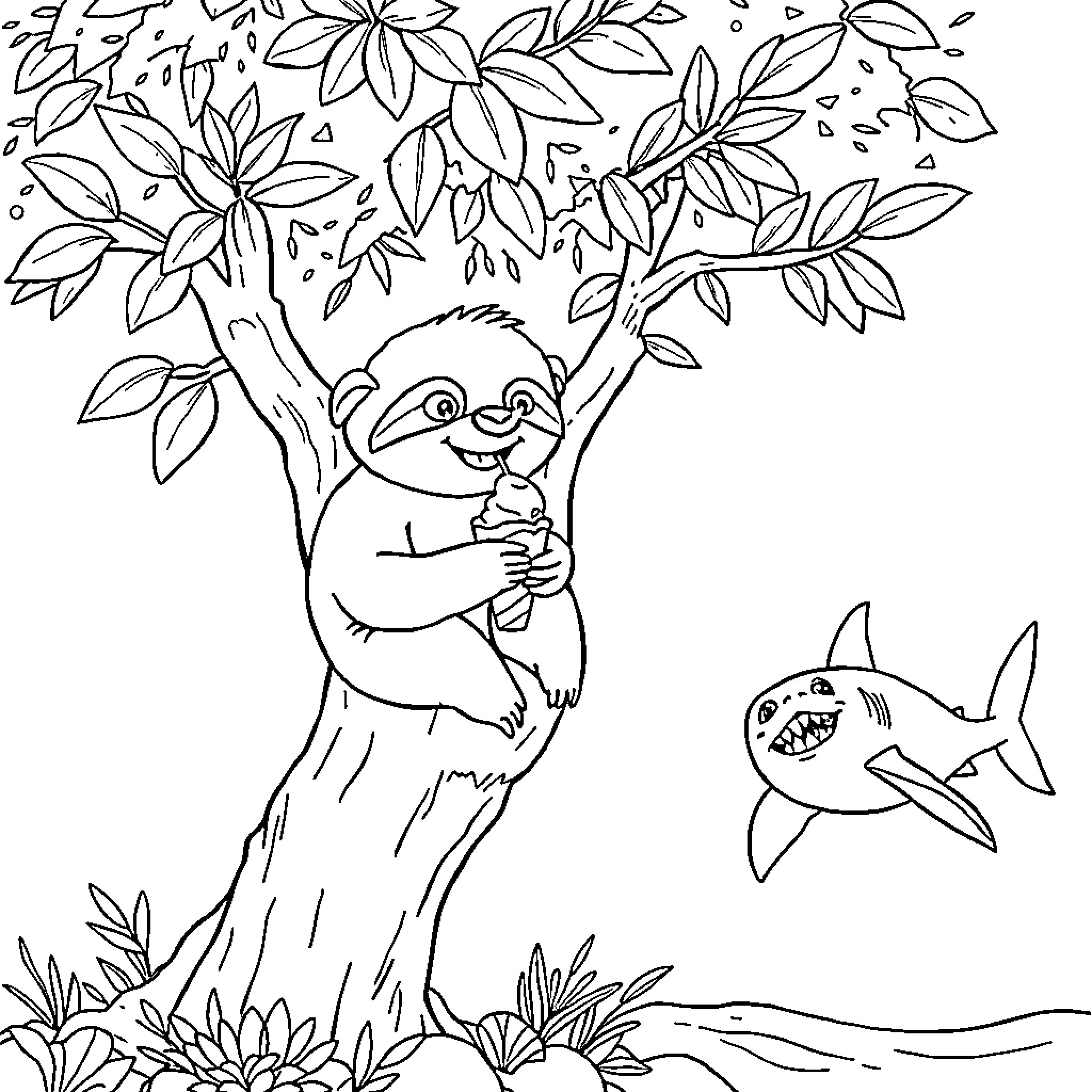 Sloth enjoying nature with friendly shark Coloring Page (free black-and-white line drawing printable PDF for all, from beginners to advanced learners, including children, teens, adults, and seniors)