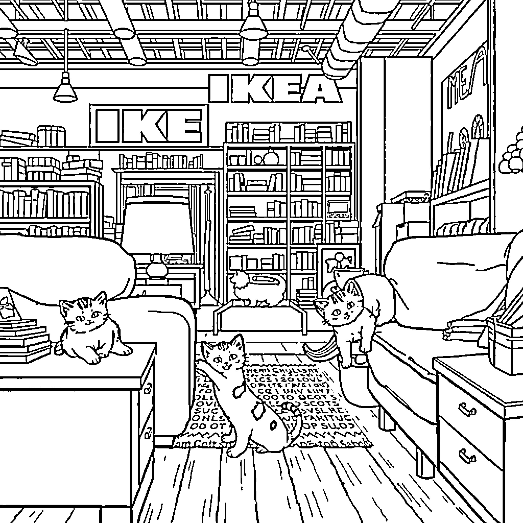 Kittens explore the cozy IKEA store Coloring Page (free black-and-white line drawing printable PDF for all, from beginners to advanced learners, including children, teens, adults, and seniors)