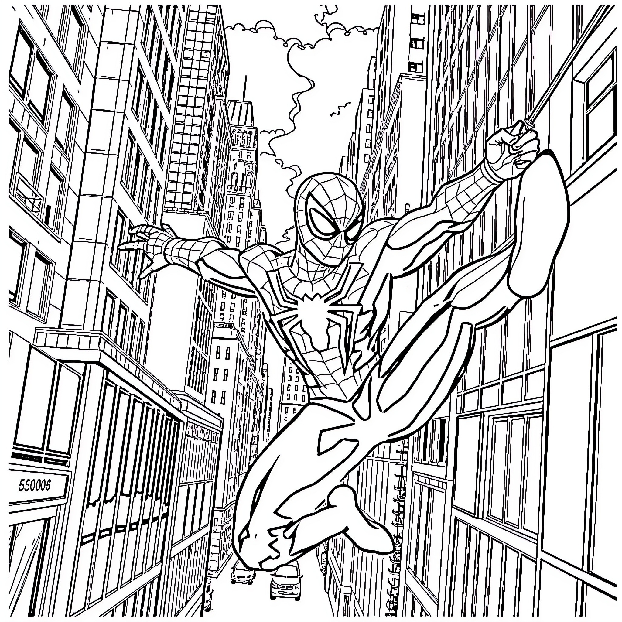 Spiderman swinging through the city skyline Coloring Page (free black-and-white line drawing printable PDF for all, from beginners to advanced learners, including children, teens, adults, and seniors)