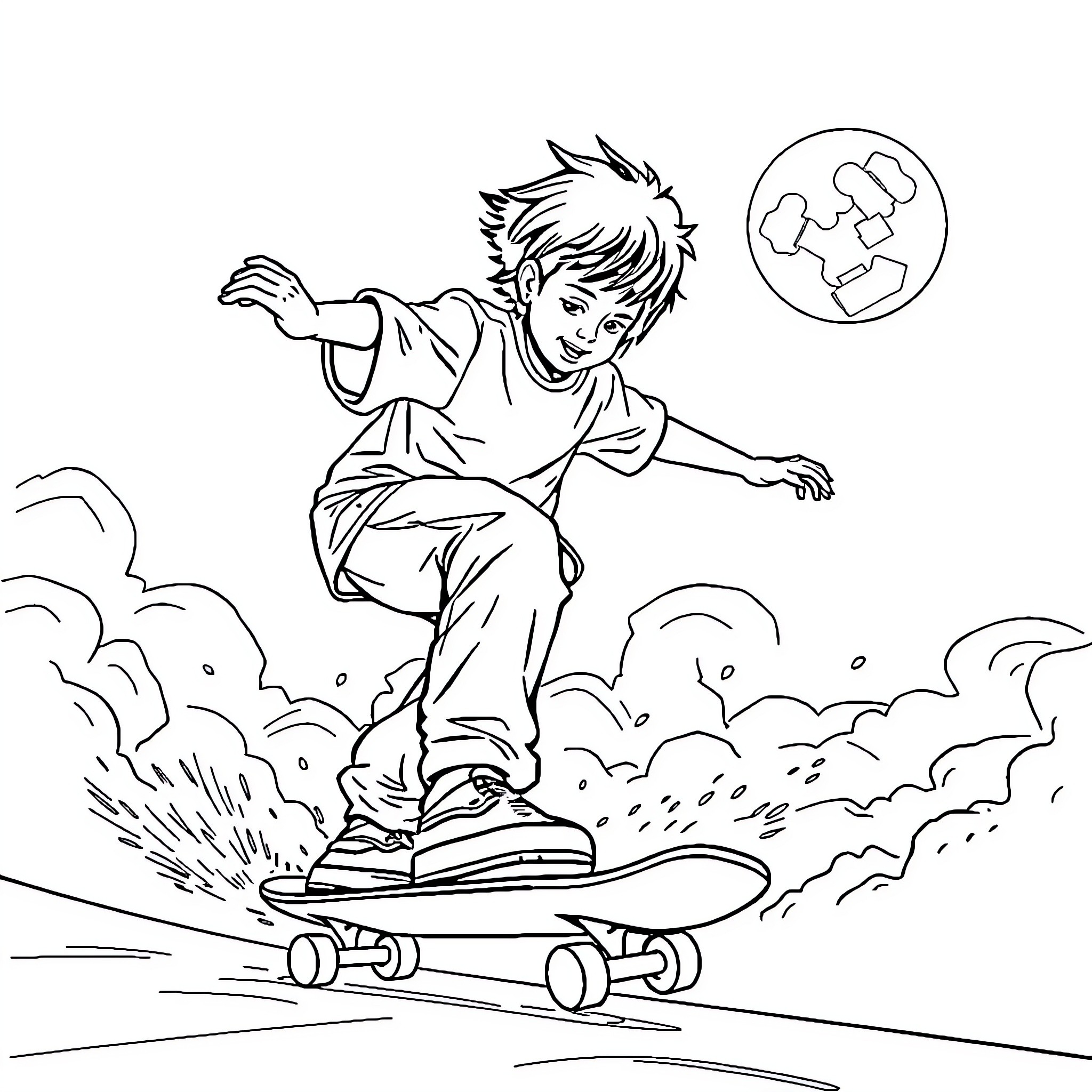 Skateboard trick performance in the park Coloring Page (free black-and-white line drawing printable PDF for all, from beginners to advanced learners, including children, teens, adults, and seniors)