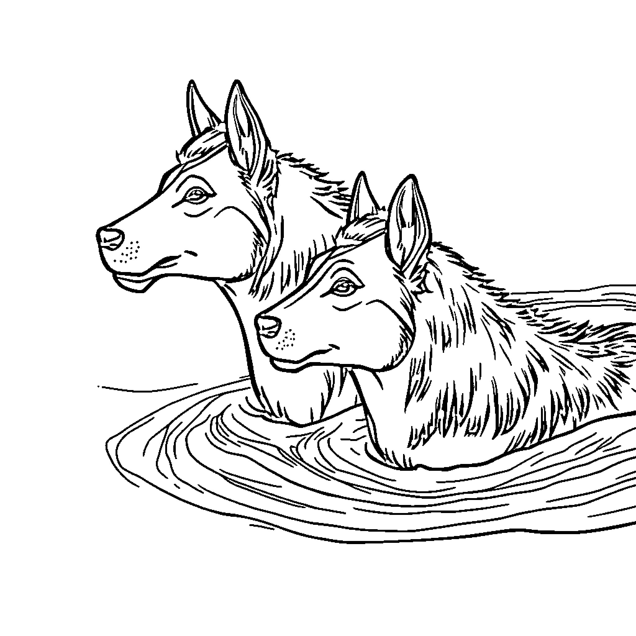 Dog siblings playing in the water Coloring Page (free black-and-white line drawing printable PDF for all, from beginners to advanced learners, including children, teens, adults, and seniors)