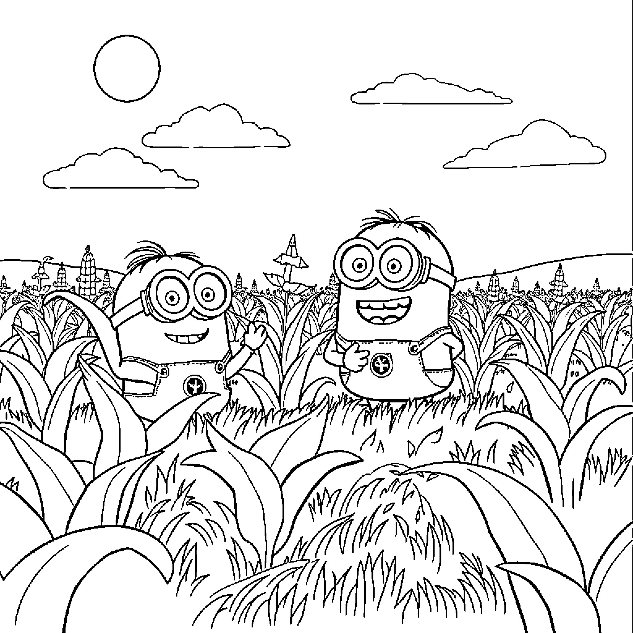 Minions exploring a whimsical outdoor landscape Coloring Page (free black-and-white line drawing printable PDF for all, from beginners to advanced learners, including children, teens, adults, and seniors)