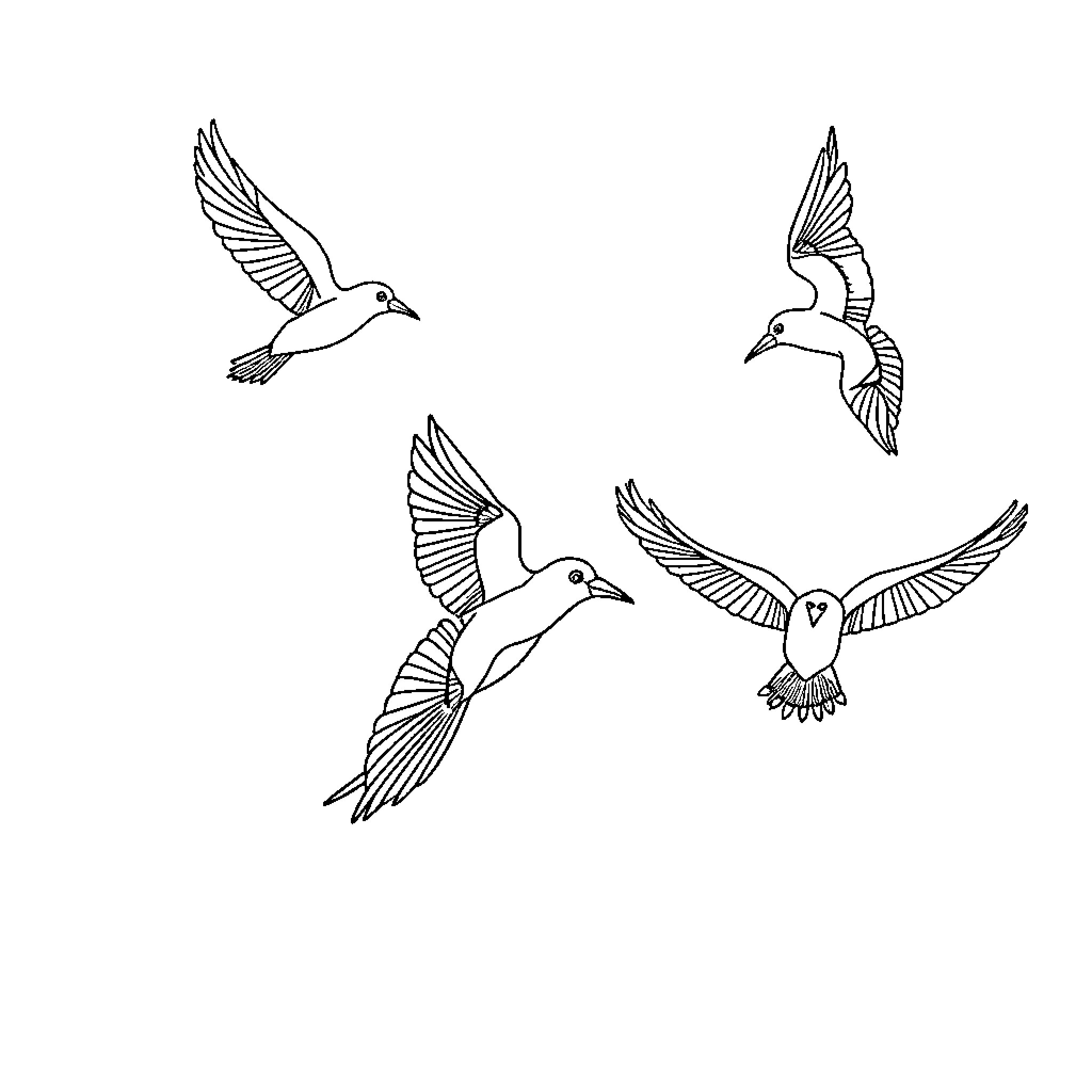 Bird silhouettes in flight Coloring Page (free black-and-white line drawing printable PDF for all, from beginners to advanced learners, including children, teens, adults, and seniors)