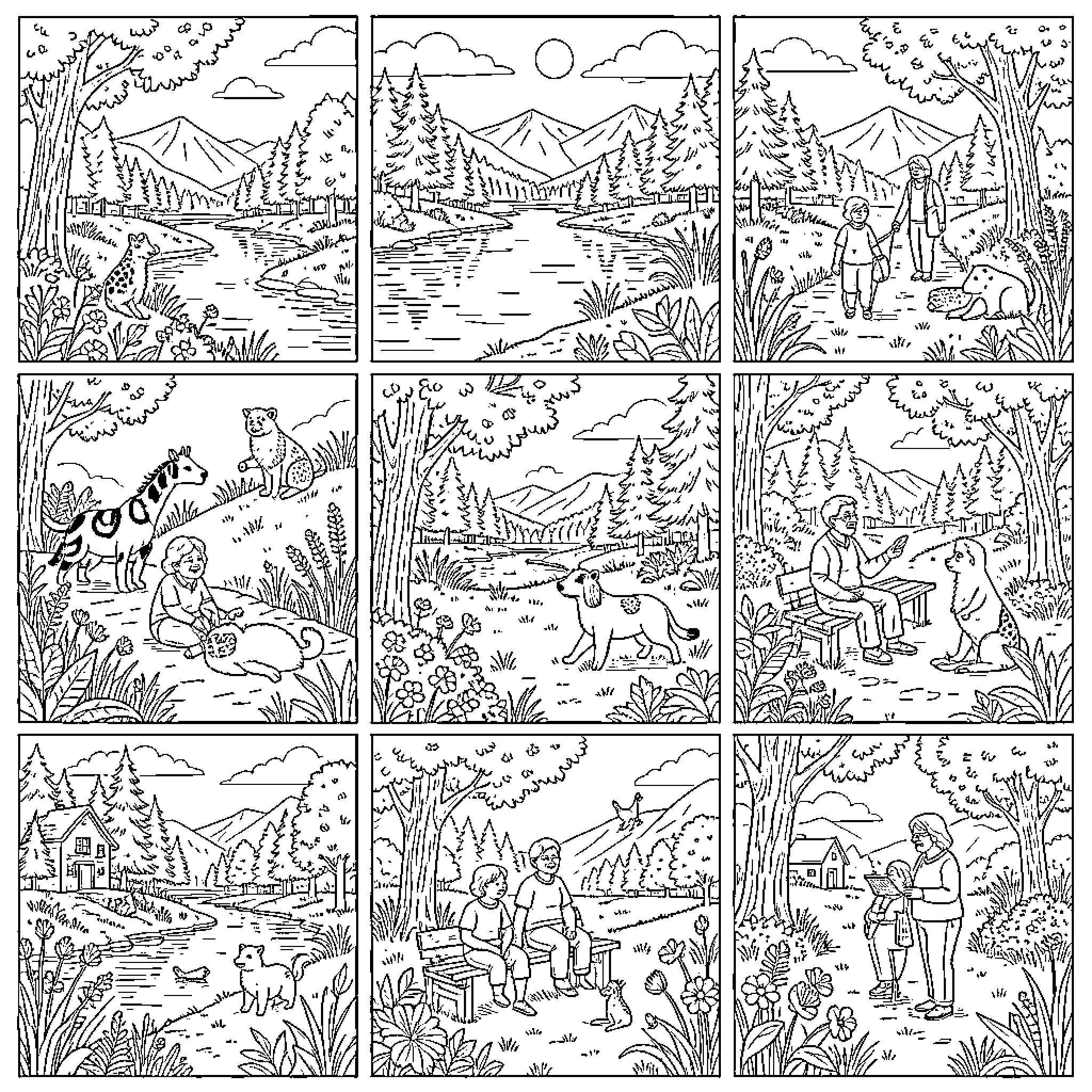 Nature's Vibrant Scenes: Outdoor Explorations Coloring Page (free black-and-white line drawing printable PDF for all, from beginners to advanced learners, including children, teens, adults, and seniors)