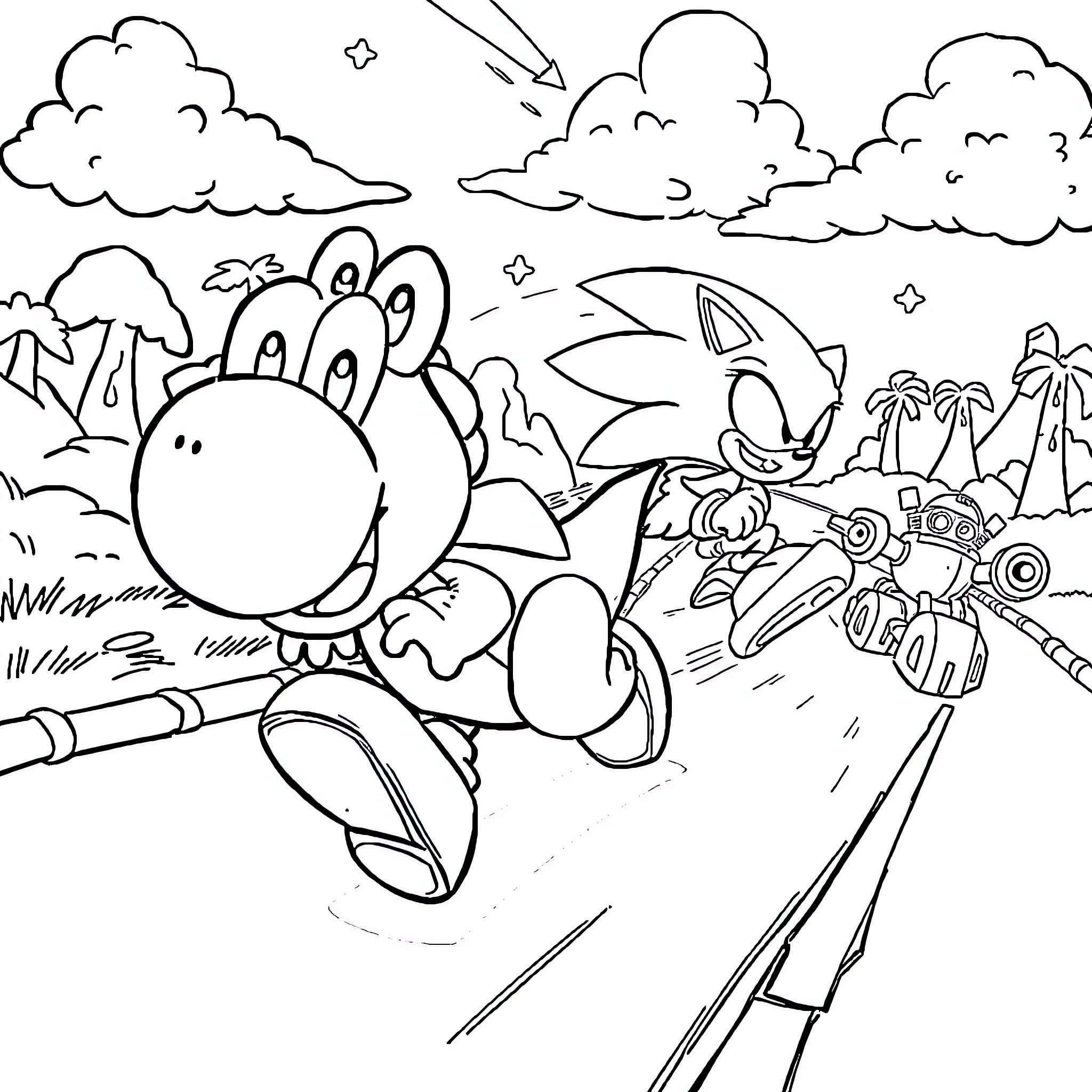 Yoshi's Exciting Adventure in the Tropical Landscape Coloring Page (free black-and-white line drawing printable PDF for all, from beginners to advanced learners, including children, teens, adults, and seniors)