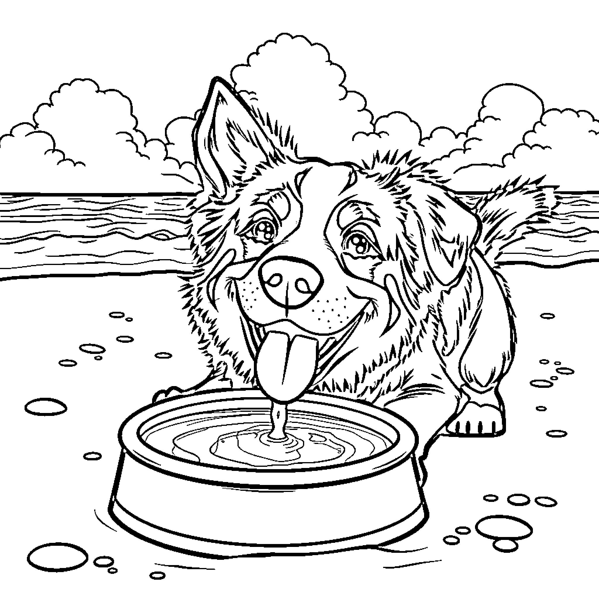 Dog enjoying a refreshing drink on a sunny day Coloring Page (free black-and-white line drawing printable PDF for all, from beginners to advanced learners, including children, teens, adults, and seniors)