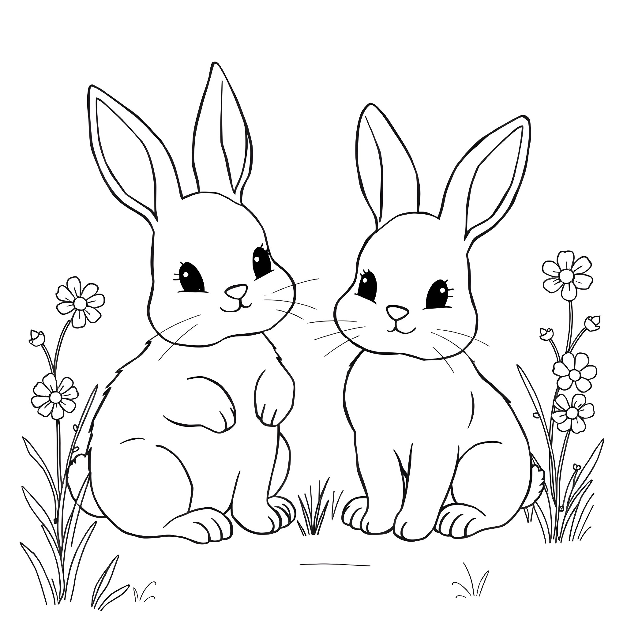 Bunny friends in a flowery meadow Coloring Page (free black-and-white line drawing printable PDF for all, from beginners to advanced learners, including children, teens, adults, and seniors)
