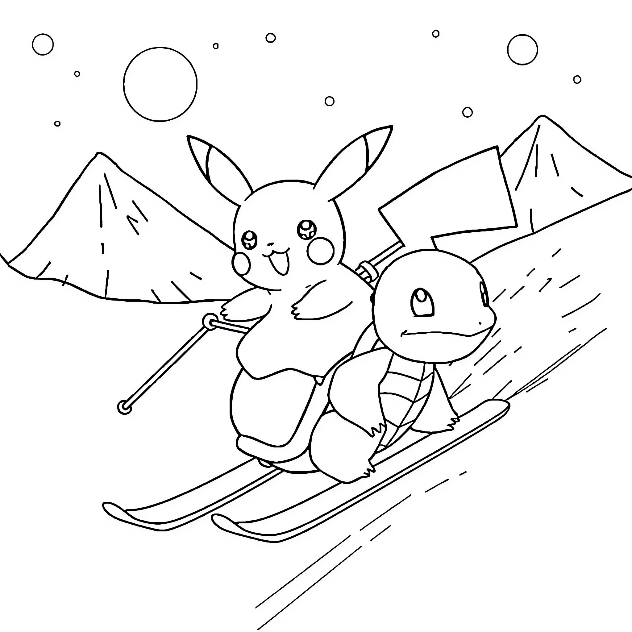 Pikachu and Charmander skiing down snowy mountains Coloring Page (free black-and-white line drawing printable PDF for all, from beginners to advanced learners, including children, teens, adults, and seniors)