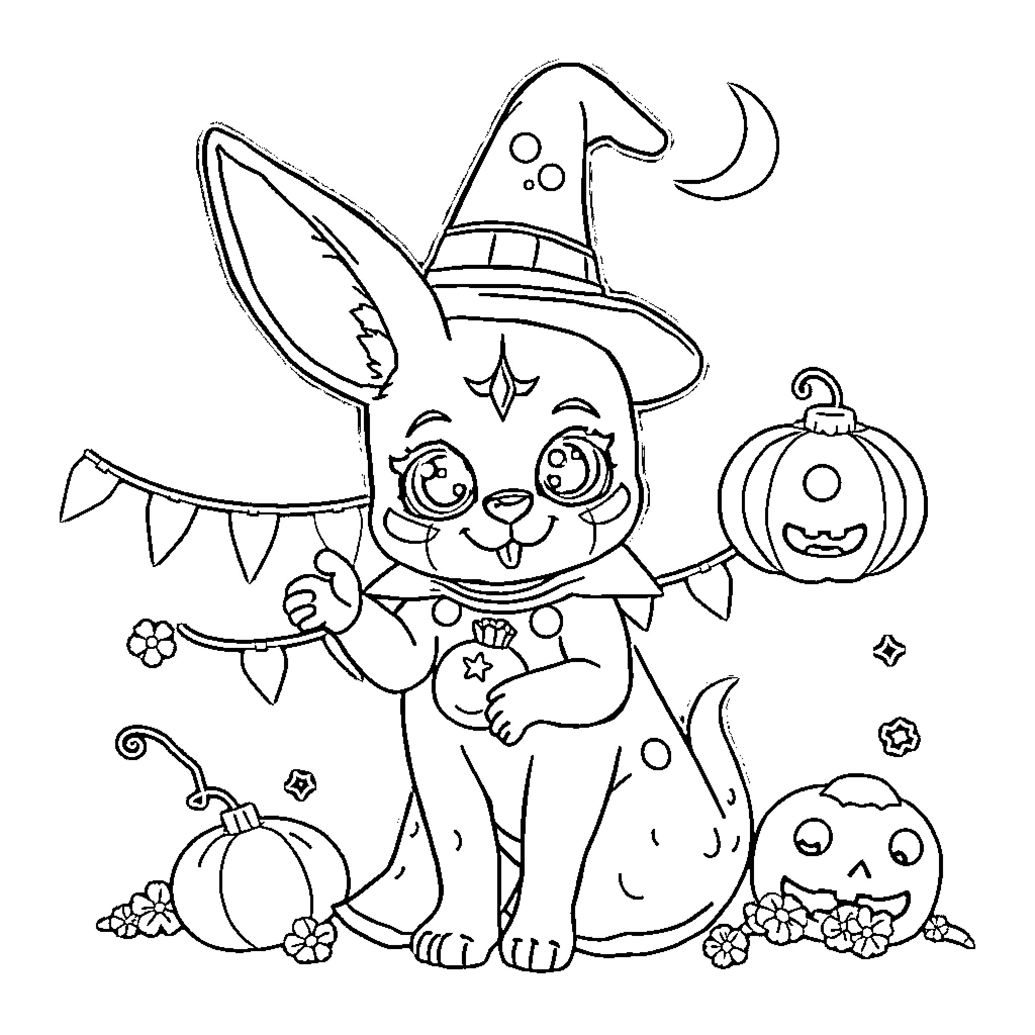 Coneja with Halloween costume and pumpkins Coloring Page (free black-and-white line drawing printable PDF for all, from beginners to advanced learners, including children, teens, adults, and seniors)