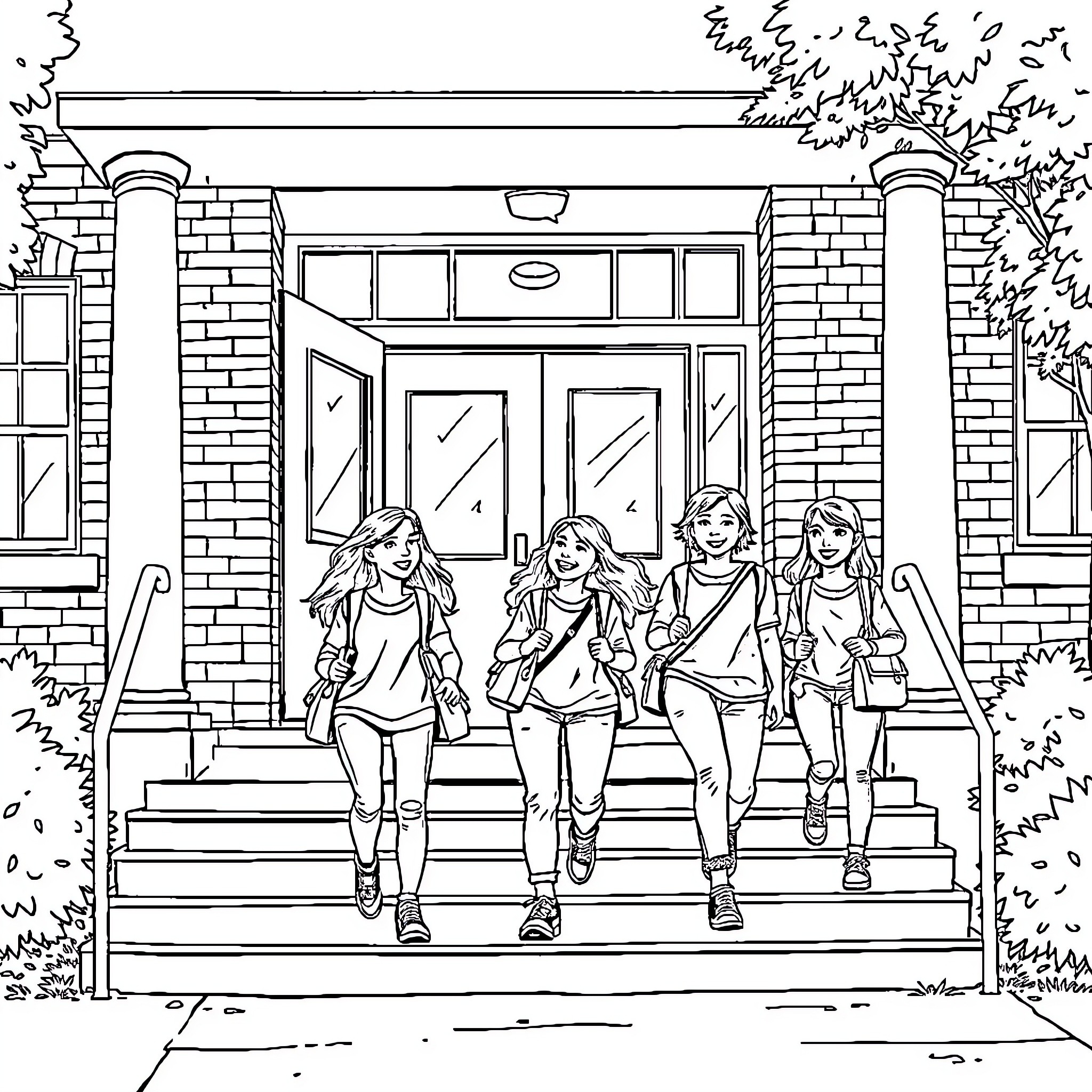 Students walking together outside school building Coloring Page (free black-and-white line drawing printable PDF for all, from beginners to advanced learners, including children, teens, adults, and seniors)