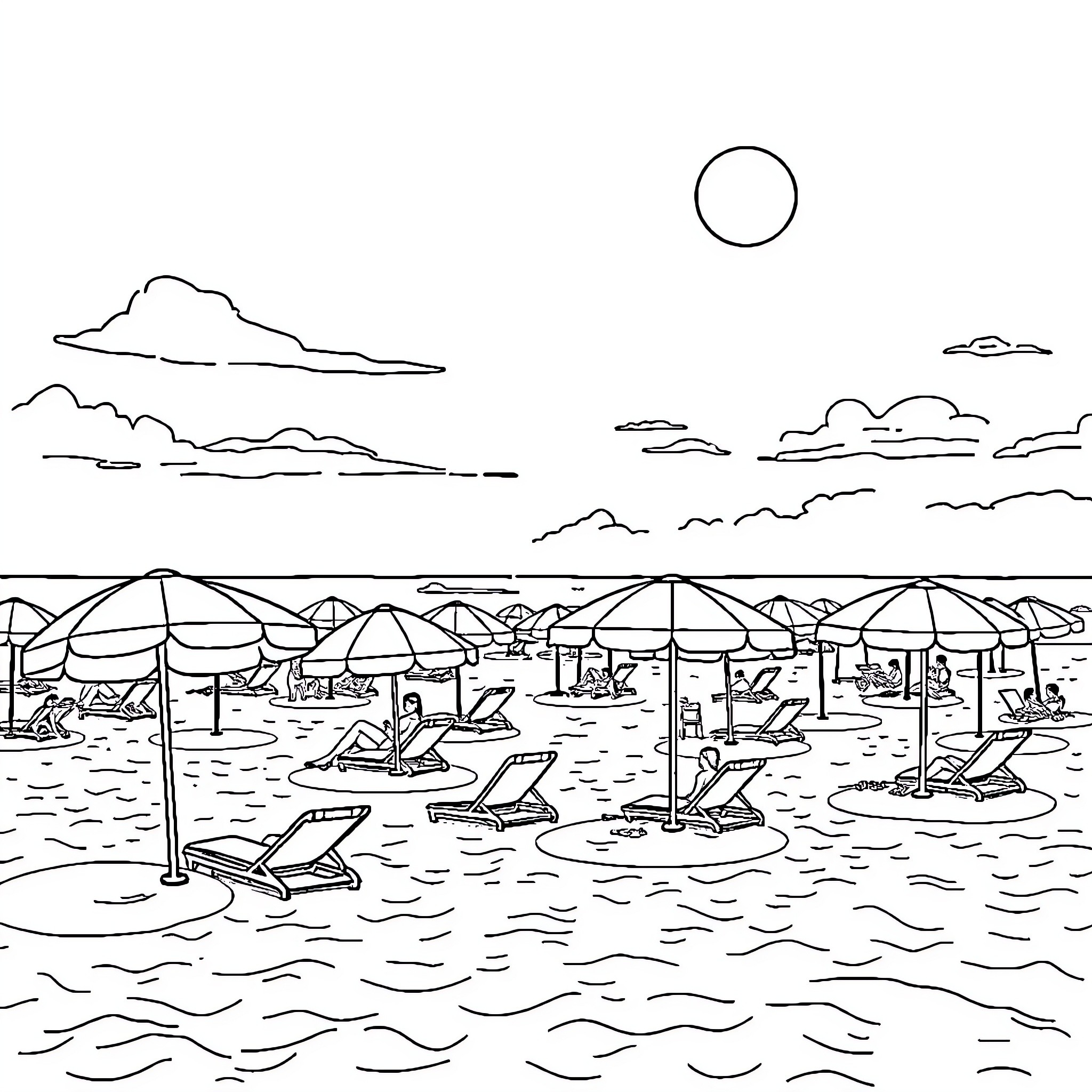 Seahorse beach scene with umbrellas and sunbathers Coloring Page (free black-and-white line drawing printable PDF for all, from beginners to advanced learners, including children, teens, adults, and seniors)