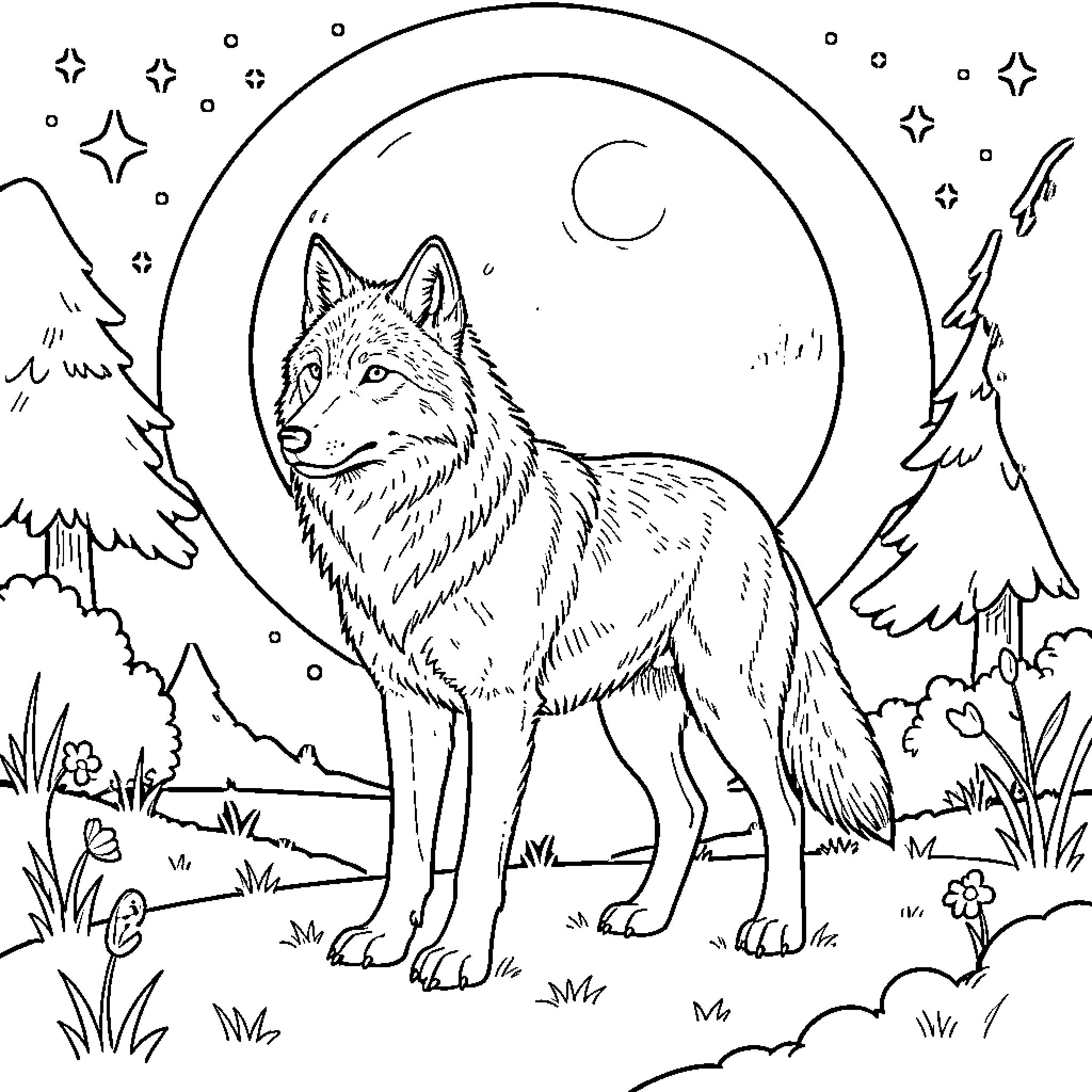 Wolf standing calmly under a large full moon Coloring Page (free black-and-white line drawing printable PDF for all, from beginners to advanced learners, including children, teens, adults, and seniors)