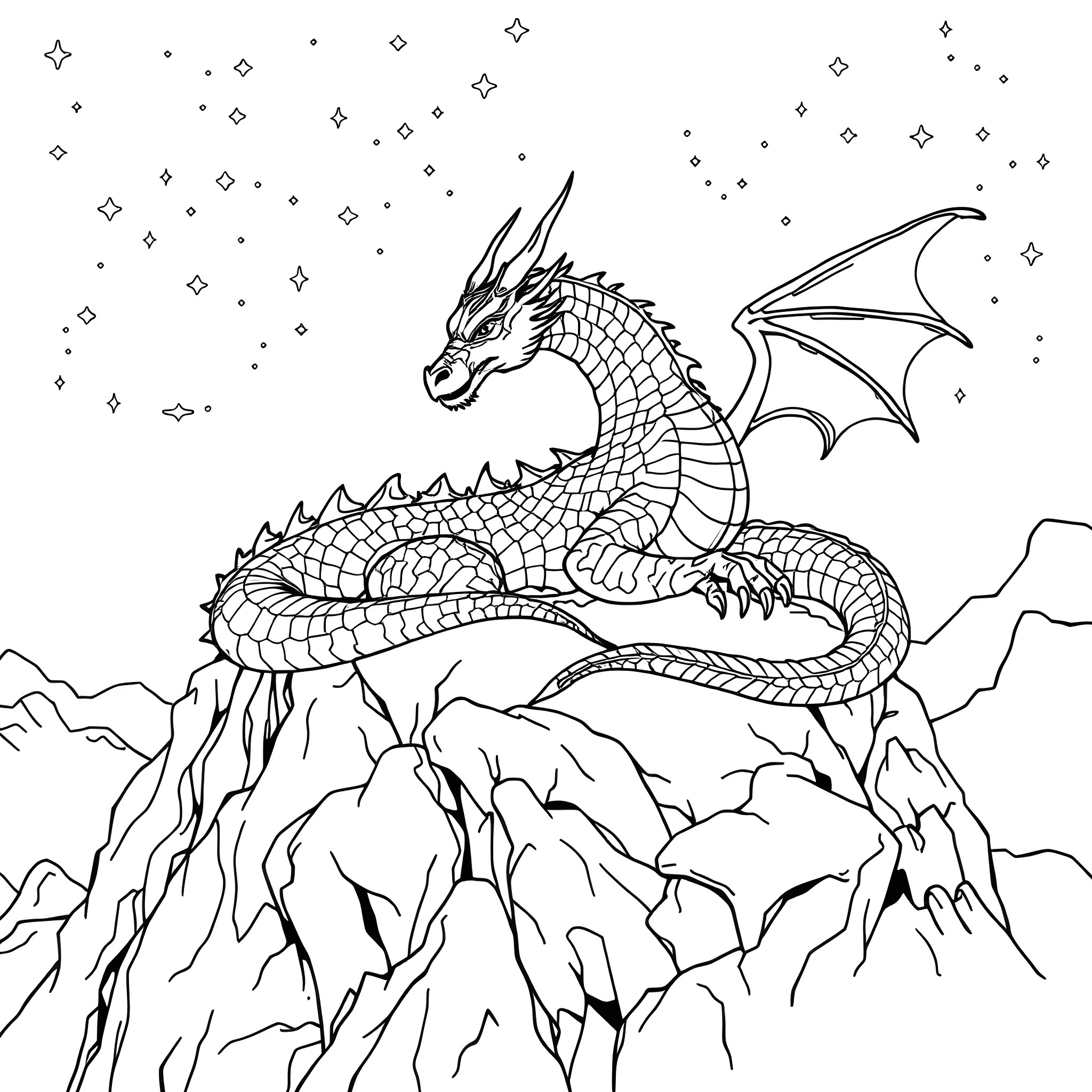 Dragon sitting on a rocky mountain amid the stars Coloring Page (free black-and-white line drawing printable PDF for all, from beginners to advanced learners, including children, teens, adults, and seniors)