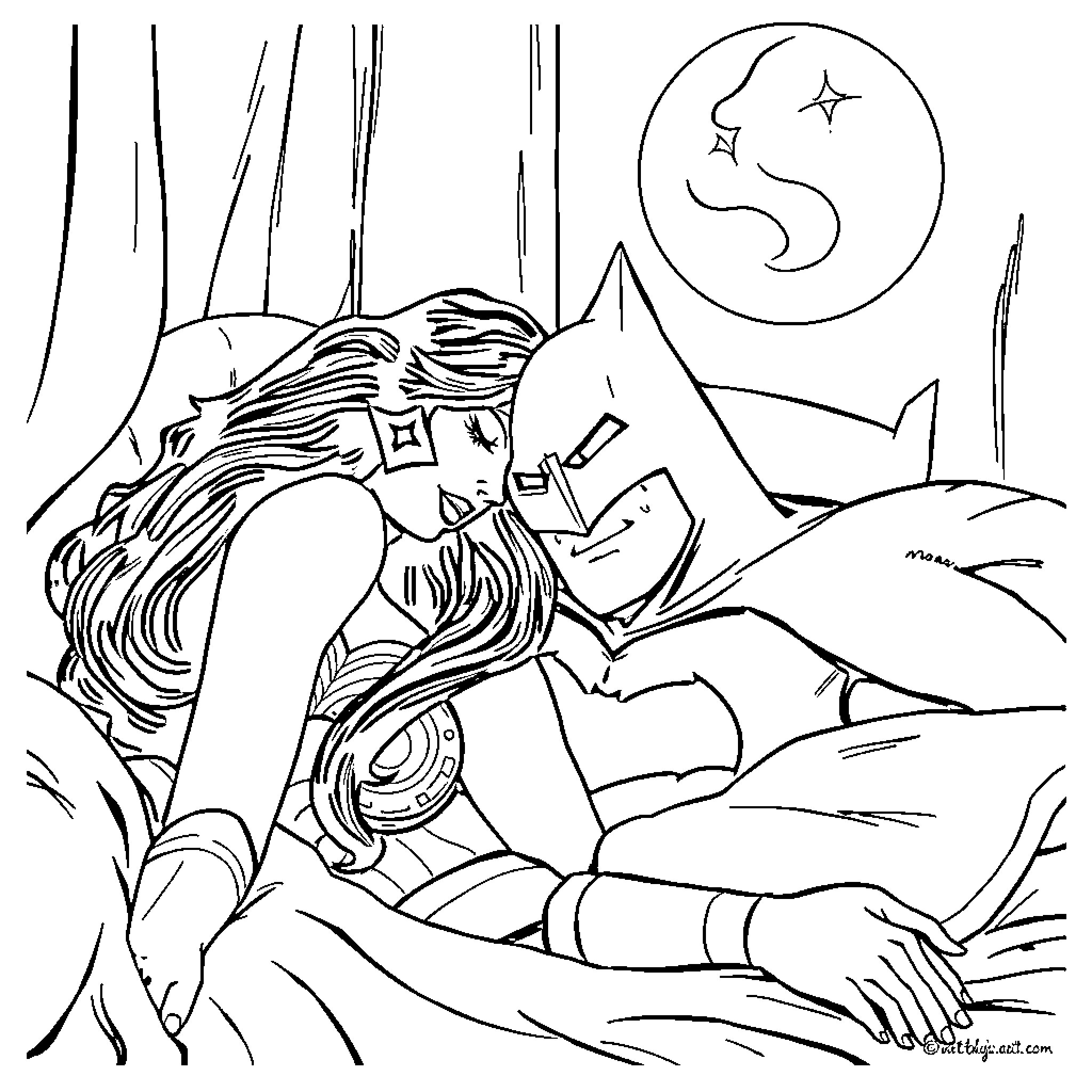 Wonder Woman resting under the moonlight Coloring Page (free black-and-white line drawing printable PDF for all, from beginners to advanced learners, including children, teens, adults, and seniors)