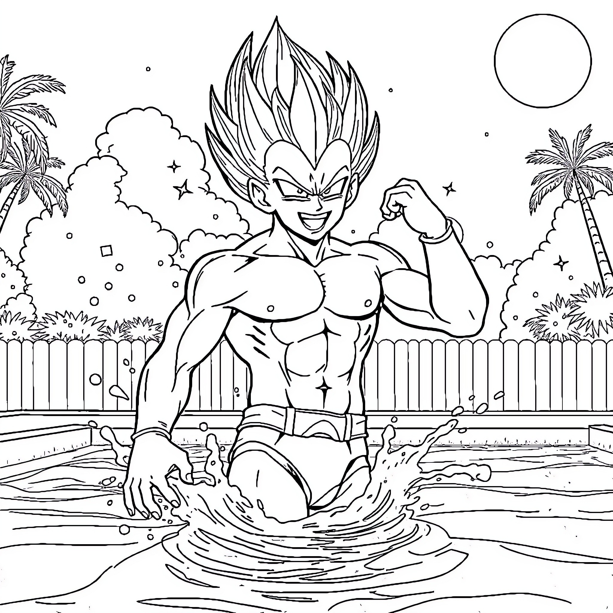 Vegeta showing off his muscular physique in a tropical setting Coloring Page (free black-and-white line drawing printable PDF for all, from beginners to advanced learners, including children, teens, adults, and seniors)