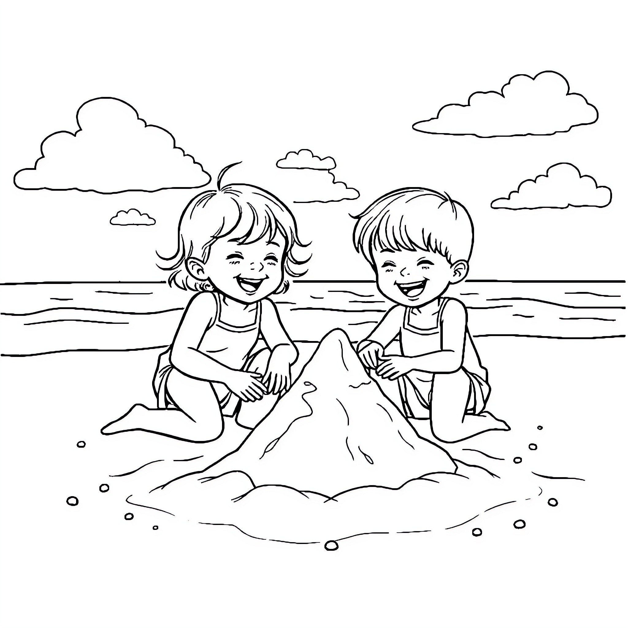 Twin siblings playing happily in the sand Coloring Page (free black-and-white line drawing printable PDF for all, from beginners to advanced learners, including children, teens, adults, and seniors)