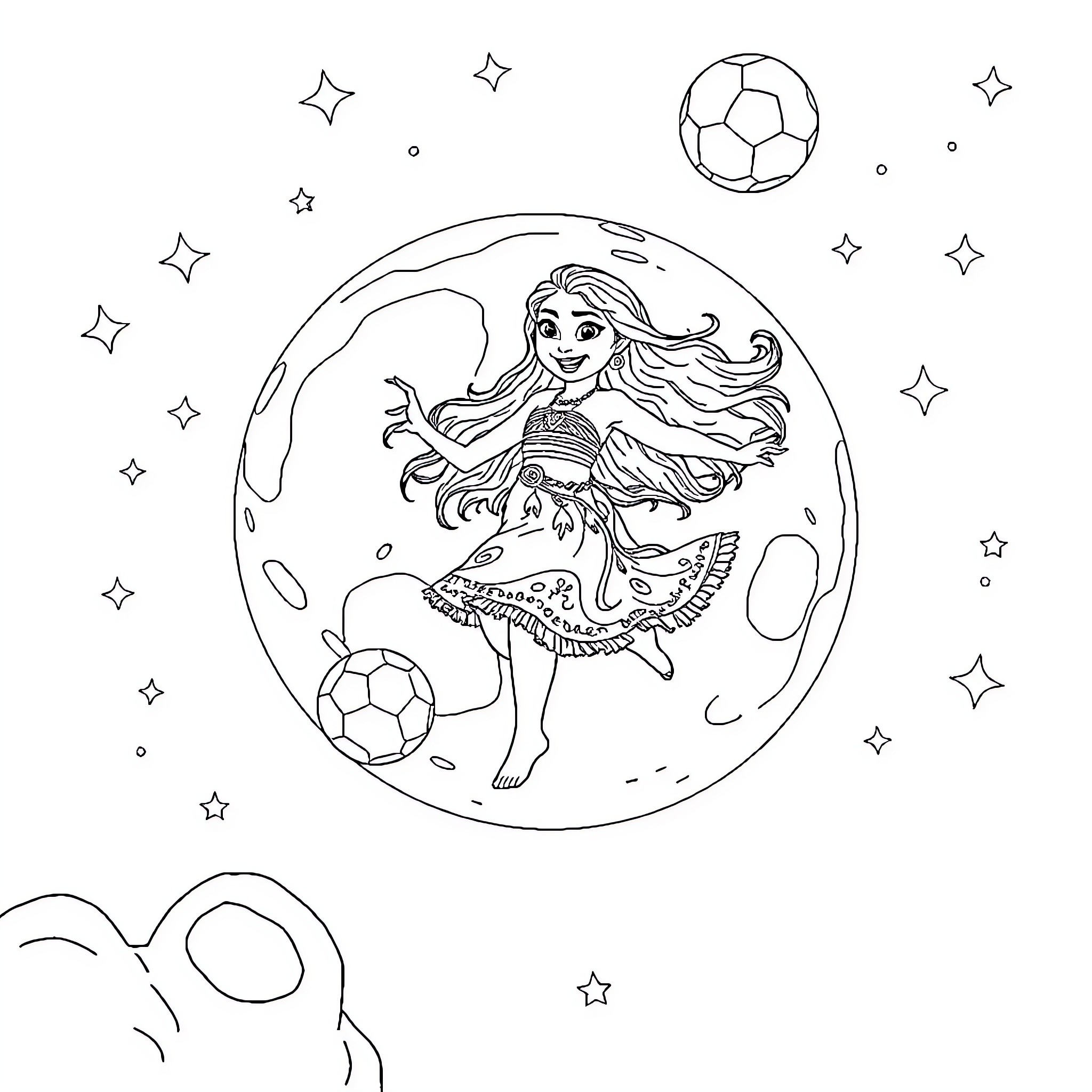 Moana dancing with soccer balls in the cosmos Coloring Page (free black-and-white line drawing printable PDF for all, from beginners to advanced learners, including children, teens, adults, and seniors)
