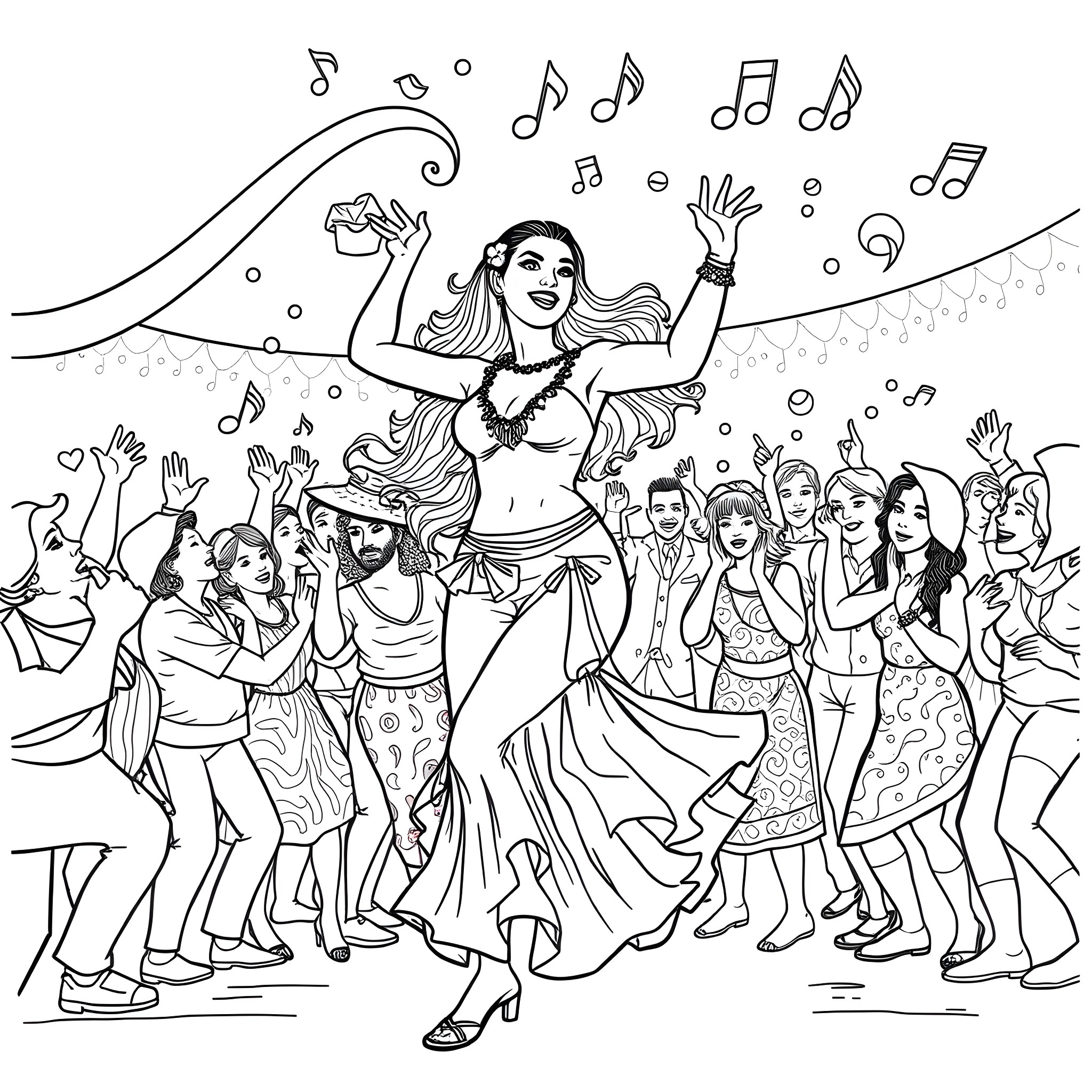 Latina woman dancing joyfully with a crowd Coloring Page (free black-and-white line drawing printable PDF for all, from beginners to advanced learners, including children, teens, adults, and seniors)