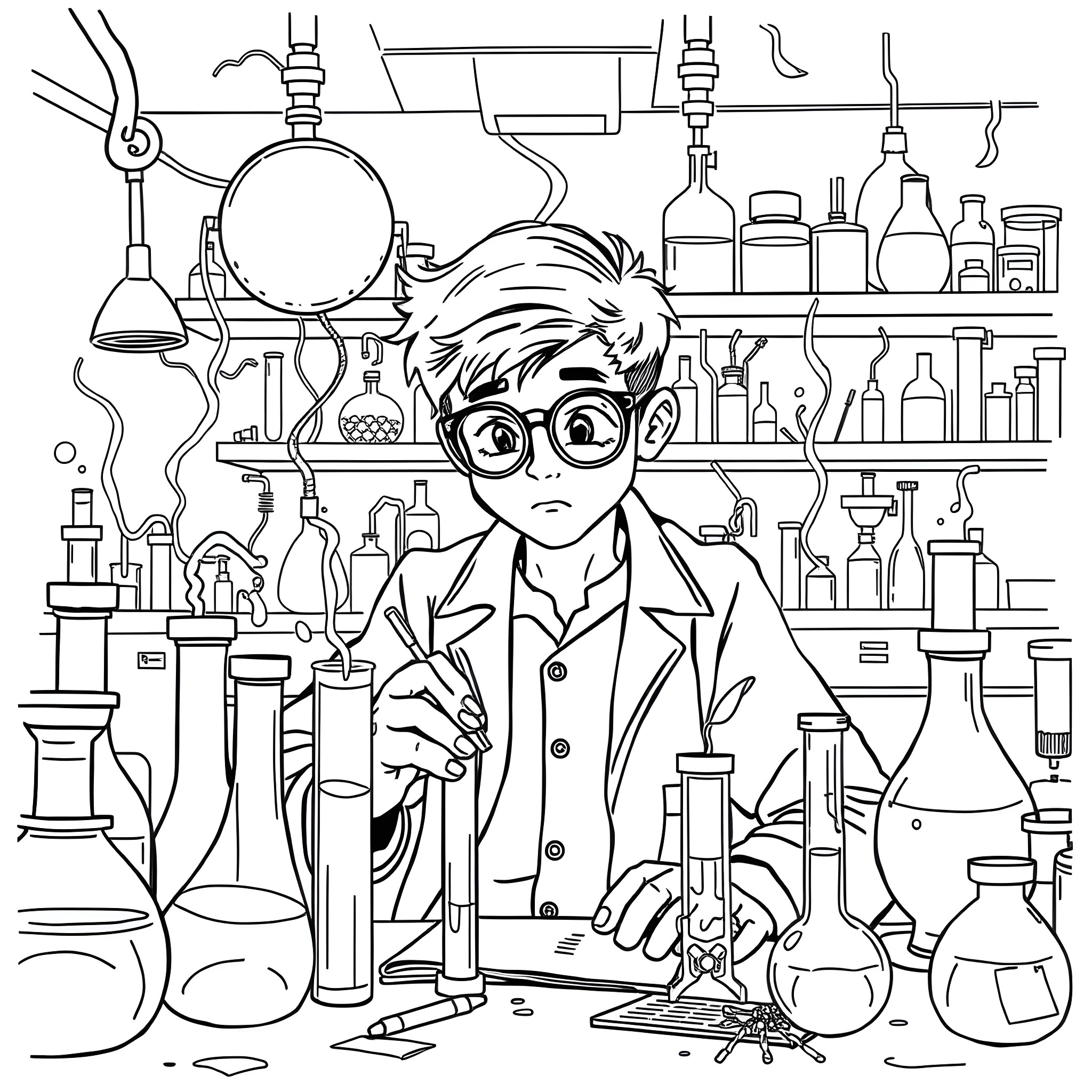Scientist conducting experiments in the lab Coloring Page (free black-and-white line drawing printable PDF for all, from beginners to advanced learners, including children, teens, adults, and seniors)
