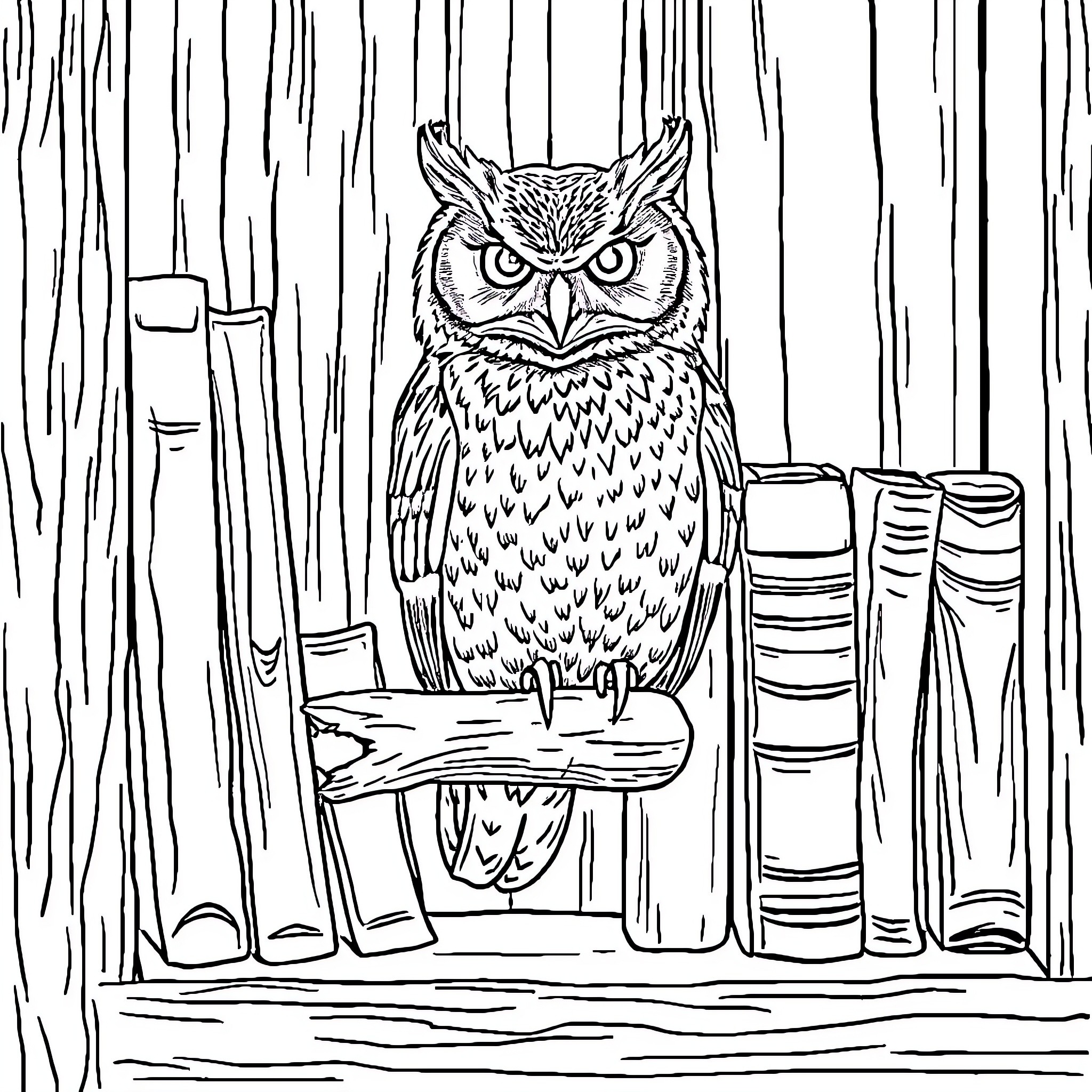 Owl guarding its books in the library Coloring Page (free black-and-white line drawing printable PDF for all, from beginners to advanced learners, including children, teens, adults, and seniors)