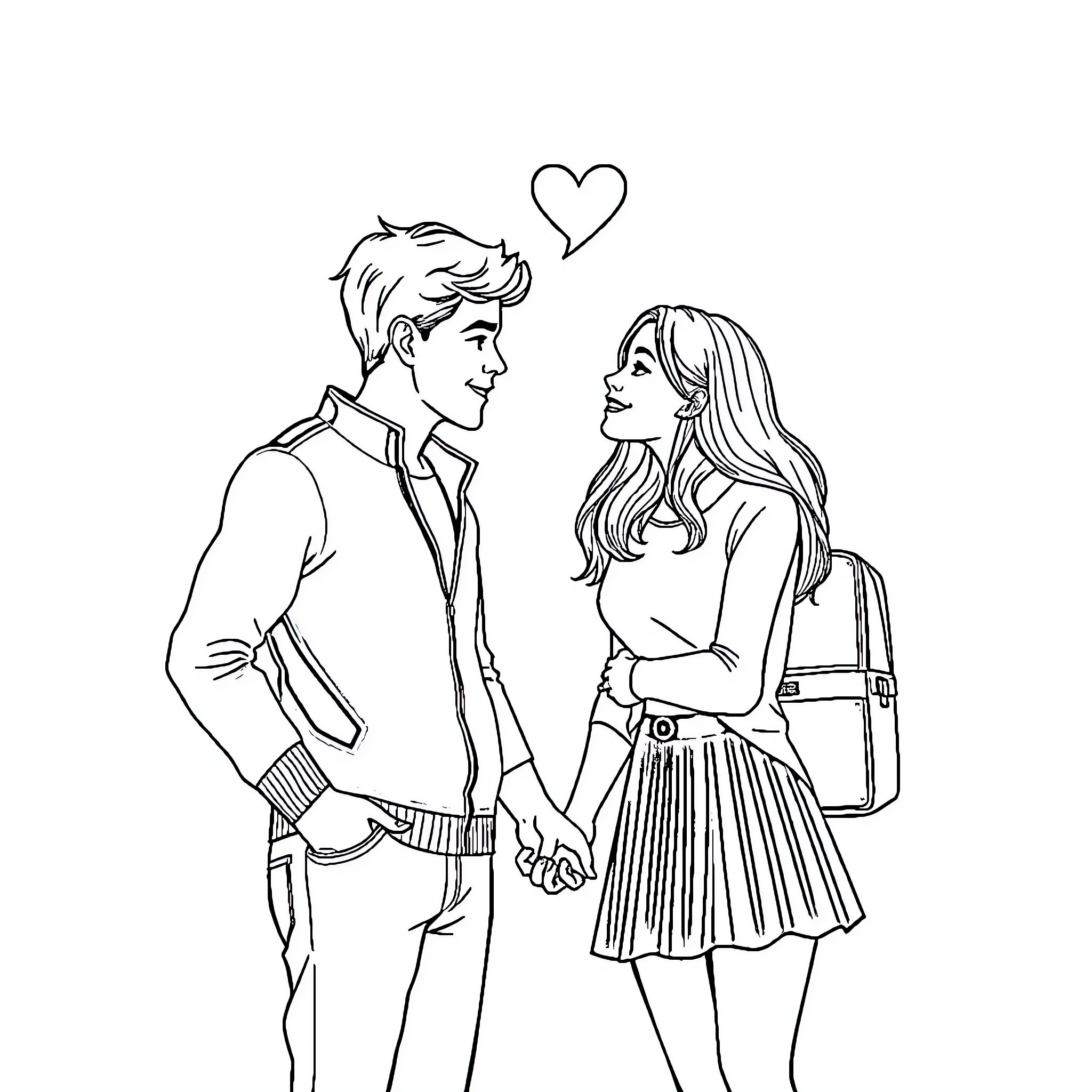 Love between a young couple in casual attire Coloring Page (free black-and-white line drawing printable PDF for all, from beginners to advanced learners, including children, teens, adults, and seniors)