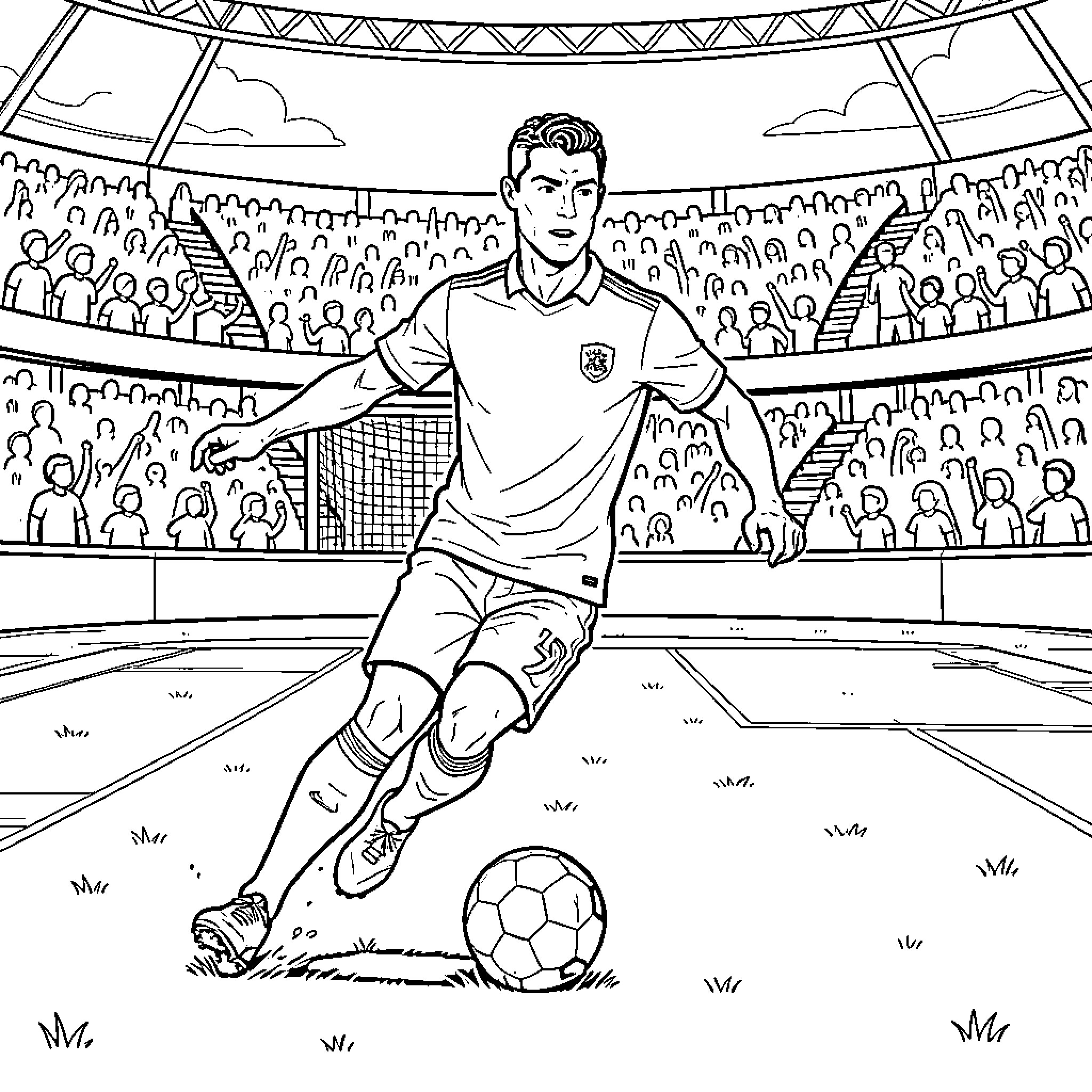 Ronaldo dribbling a soccer ball in a stadium Coloring Page (free black-and-white line drawing printable PDF for all, from beginners to advanced learners, including children, teens, adults, and seniors)