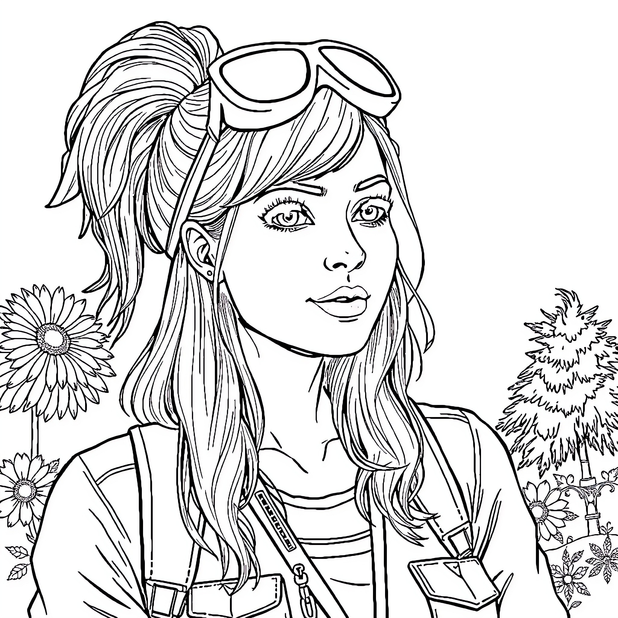 Woman enjoying nature with sunglasses and flowers Coloring Page (free black-and-white line drawing printable PDF for all, from beginners to advanced learners, including children, teens, adults, and seniors)