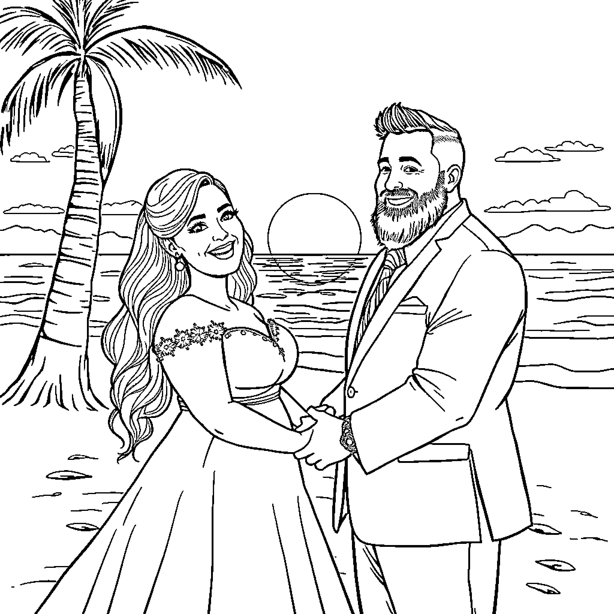 Bride and Groom Embracing on a Tropical Beach Coloring Page (free black-and-white line drawing printable PDF for all, from beginners to advanced learners, including children, teens, adults, and seniors)