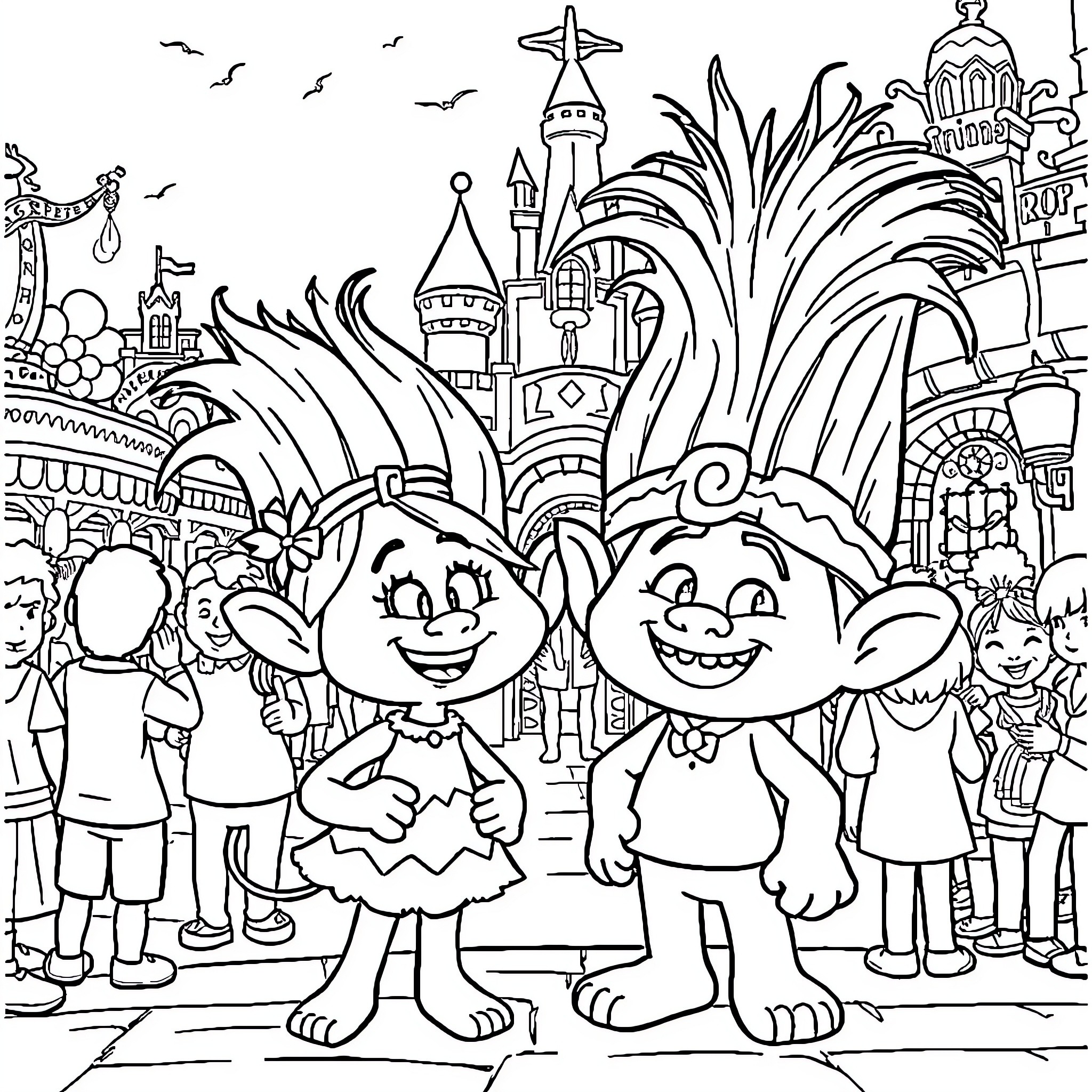 Poppy and Branch at Troll Village Coloring Page (free black-and-white line drawing printable PDF for all, from beginners to advanced learners, including children, teens, adults, and seniors)