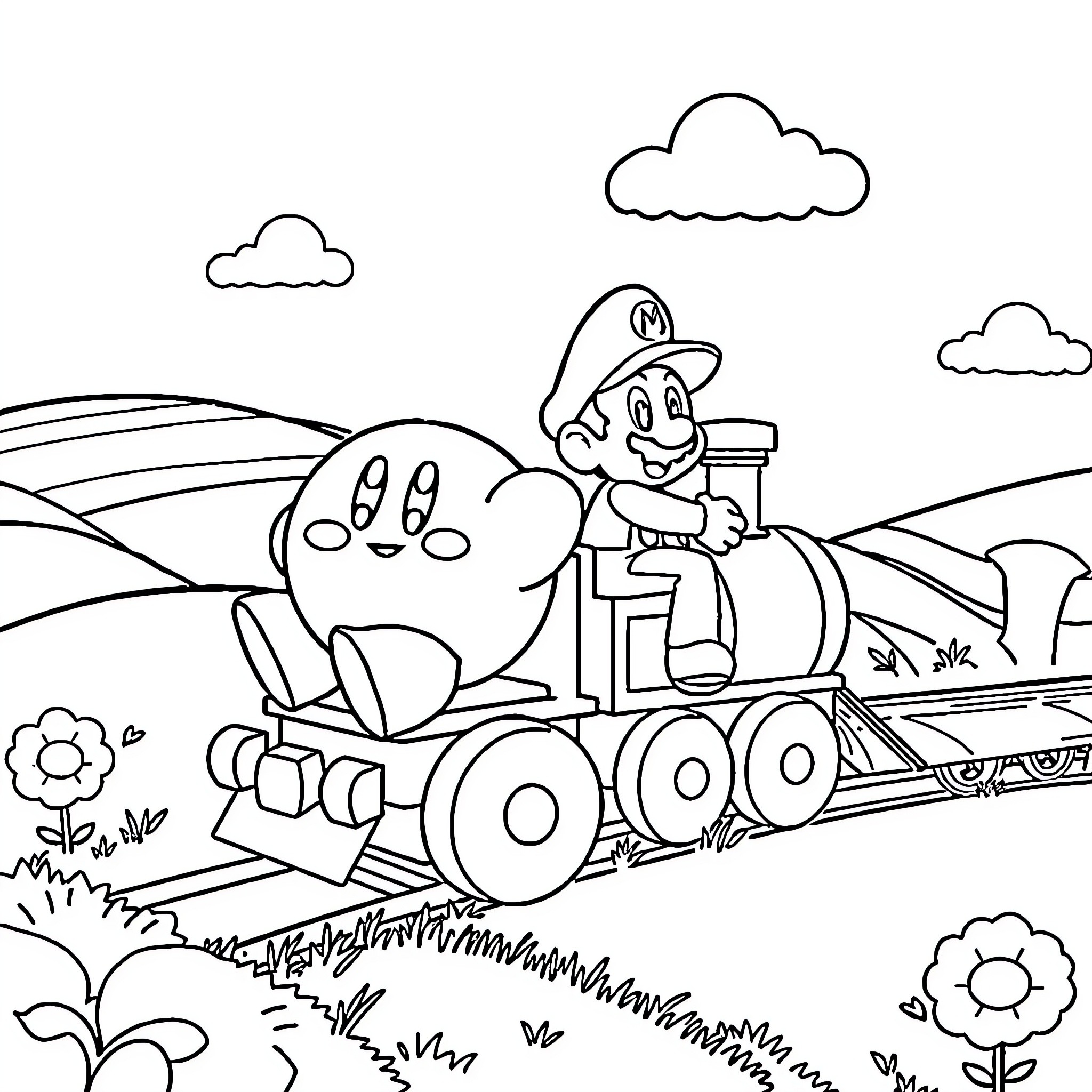Kirby's Adventure on the Train Coloring Page (free black-and-white line drawing printable PDF for all, from beginners to advanced learners, including children, teens, adults, and seniors)