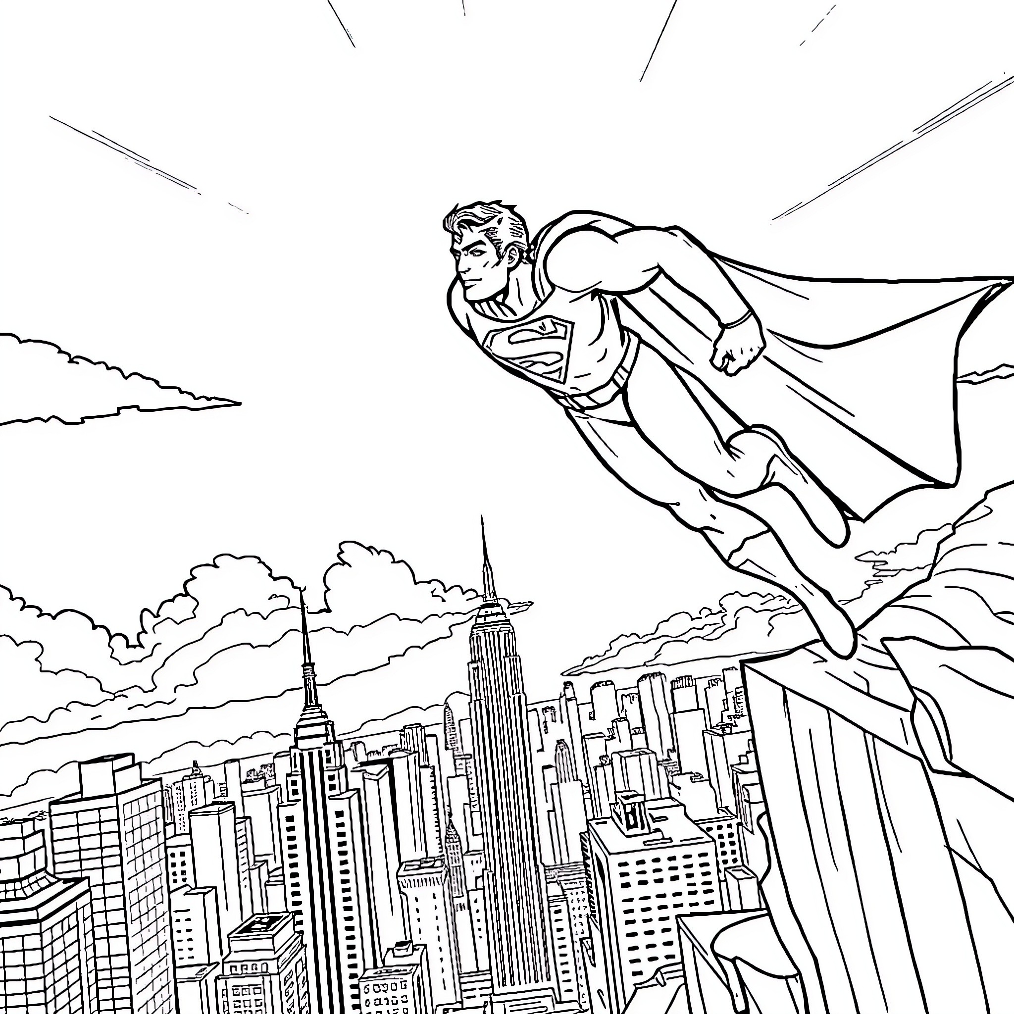 Superman soaring through the sky over a city Coloring Page (free black-and-white line drawing printable PDF for all, from beginners to advanced learners, including children, teens, adults, and seniors)