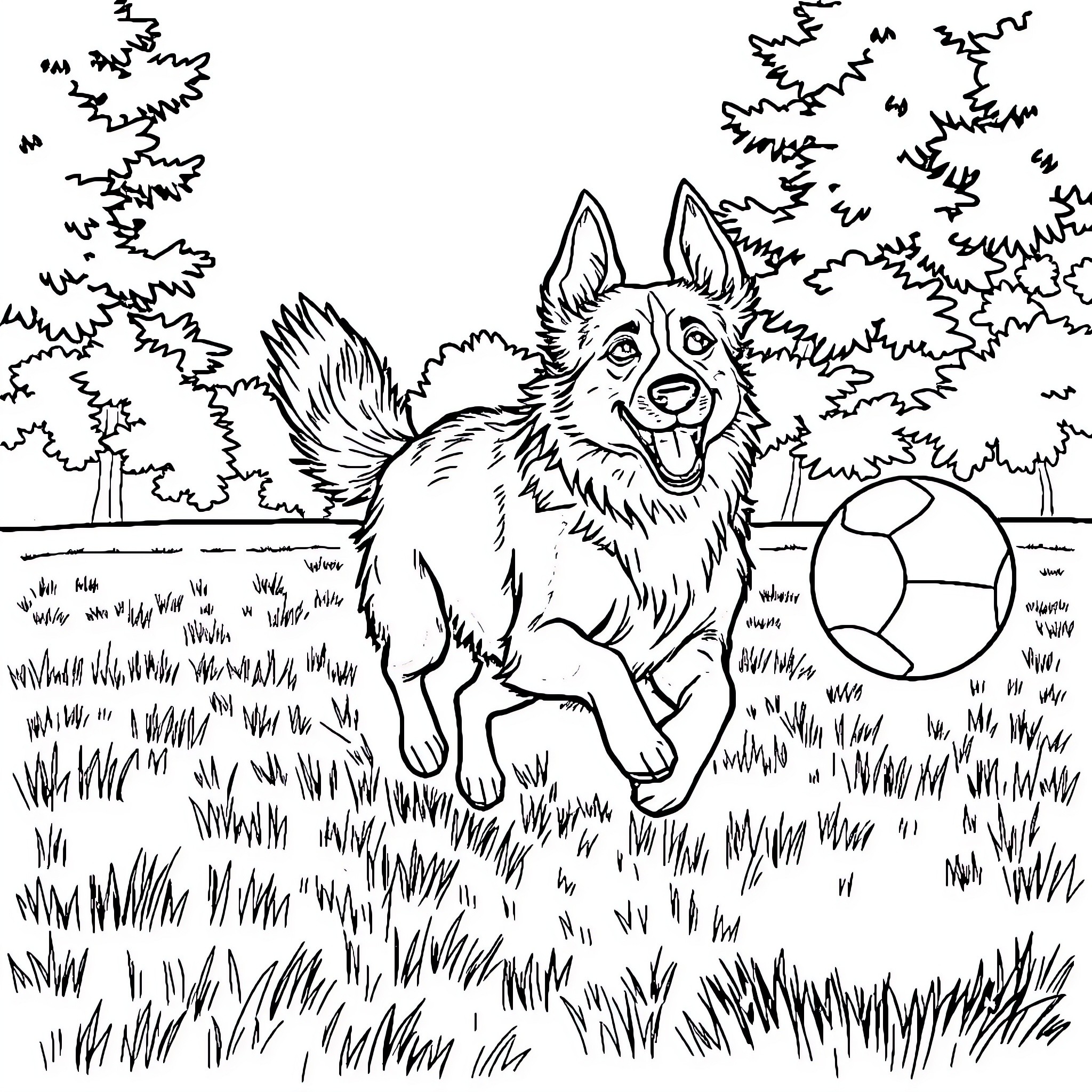 Kelpie playing joyfully with ball in grassy field Coloring Page (free black-and-white line drawing printable PDF for all, from beginners to advanced learners, including children, teens, adults, and seniors)
