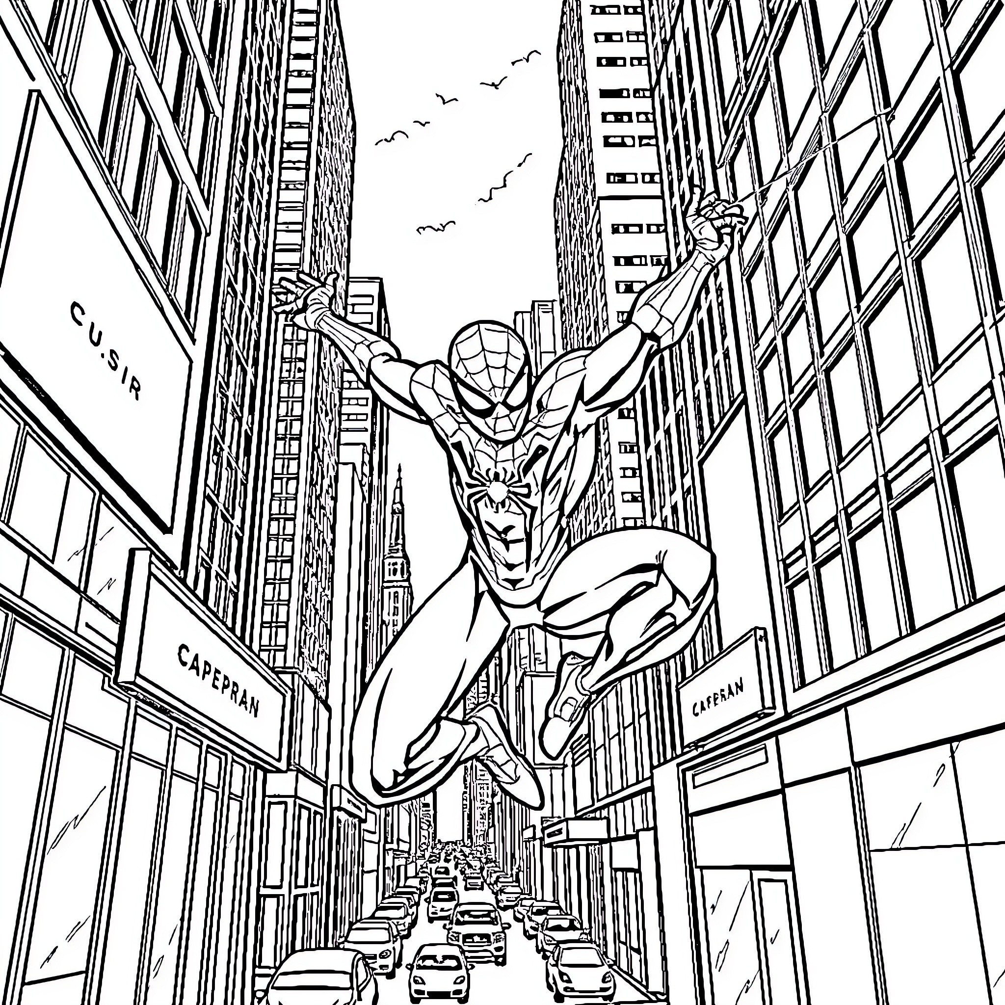 Spiderman swinging through the city streets Coloring Page (free black-and-white line drawing printable PDF for all, from beginners to advanced learners, including children, teens, adults, and seniors)