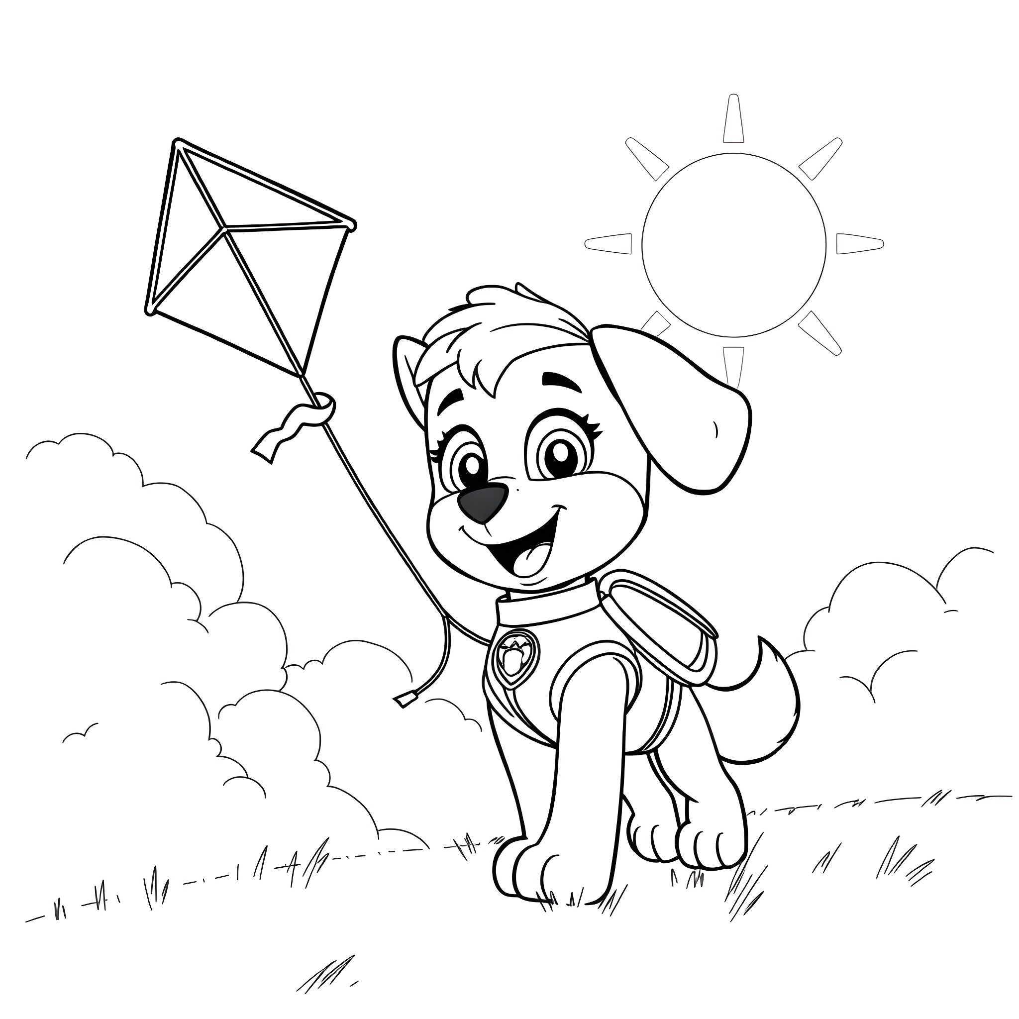 Skye the pup flying a kite on a sunny day Coloring Page (free black-and-white line drawing printable PDF for all, from beginners to advanced learners, including children, teens, adults, and seniors)