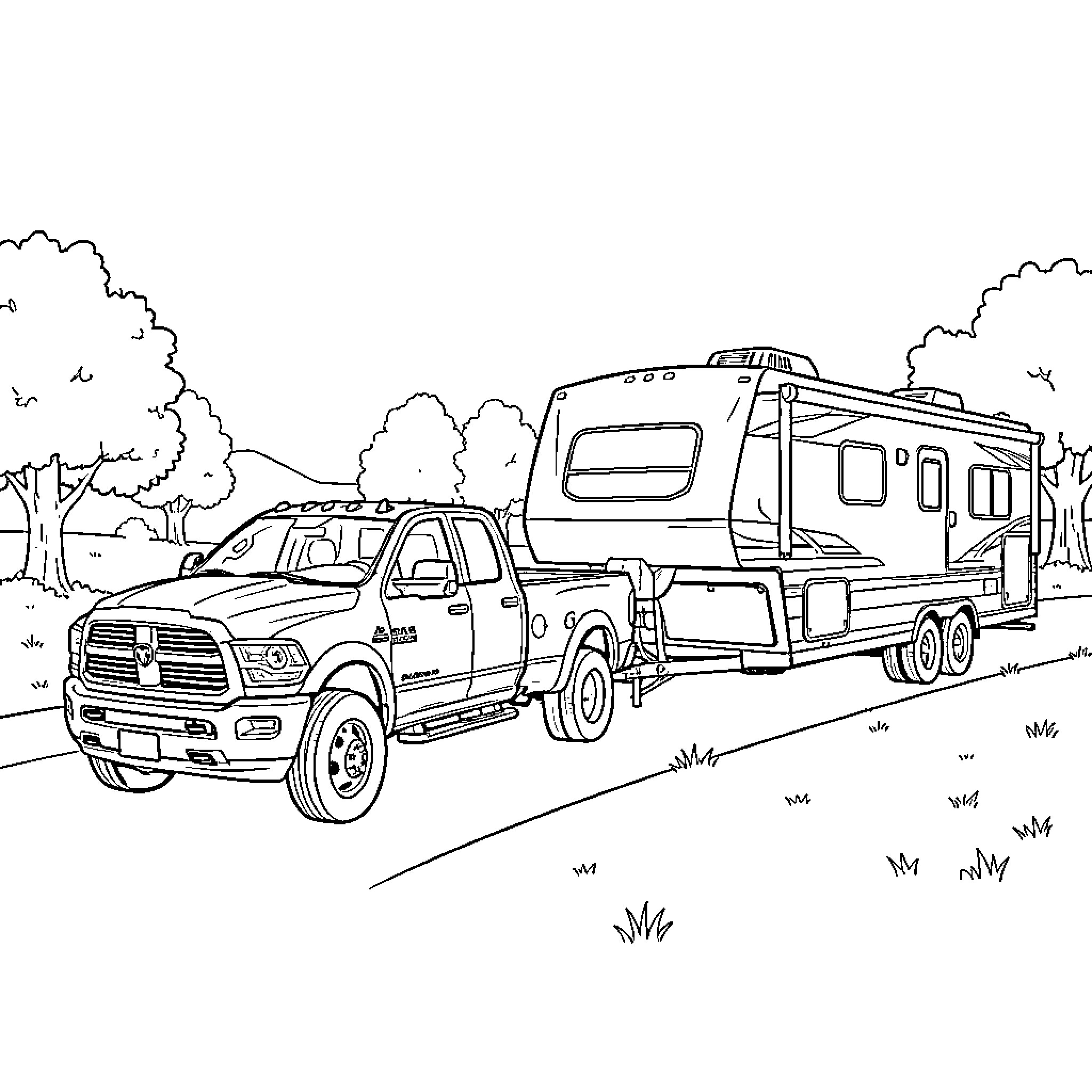 Ram truck towing a large camping trailer Coloring Page (free black-and-white line drawing printable PDF for all, from beginners to advanced learners, including children, teens, adults, and seniors)