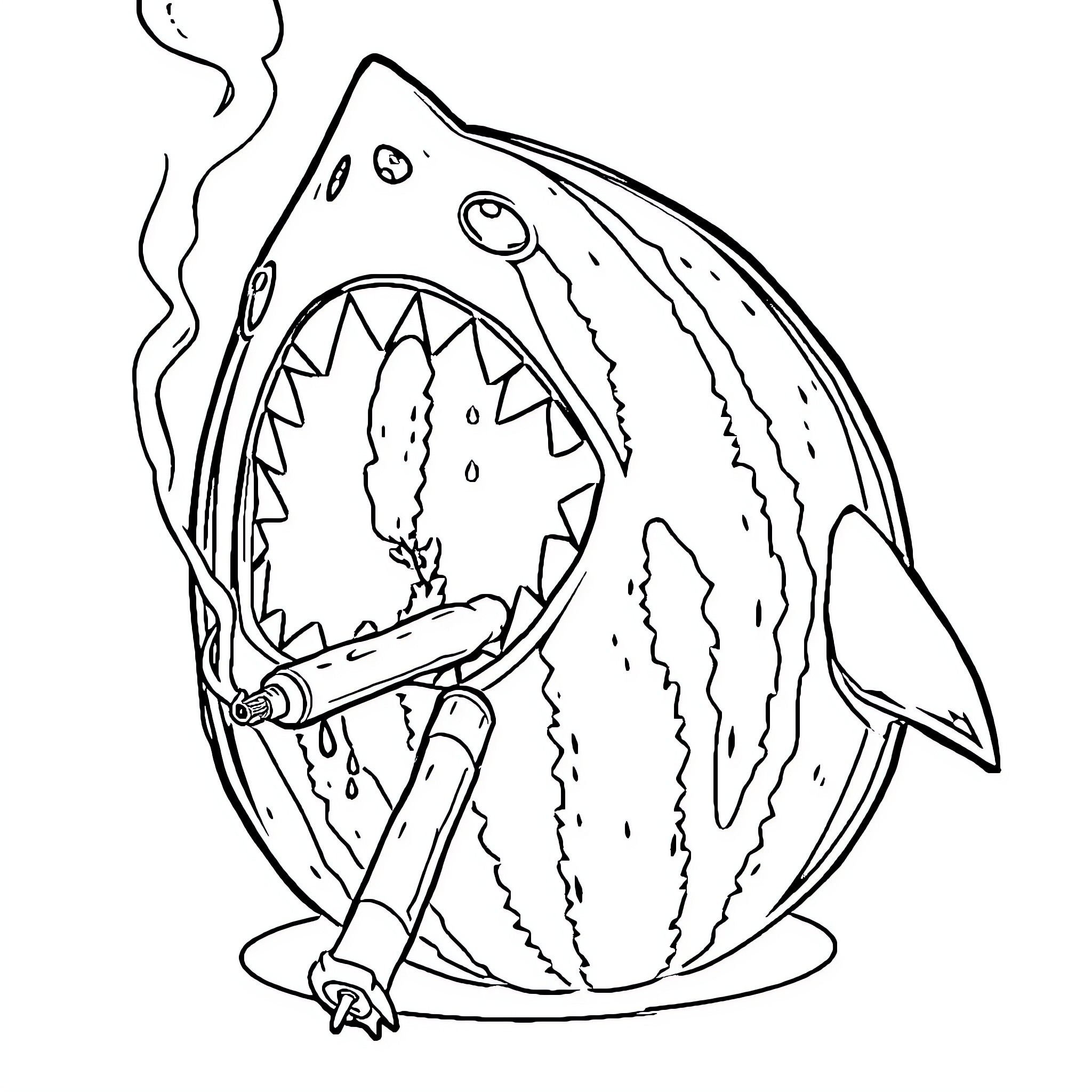 Watermelon Shark Devouring Tools Coloring Page (free black-and-white line drawing printable PDF for all, from beginners to advanced learners, including children, teens, adults, and seniors)