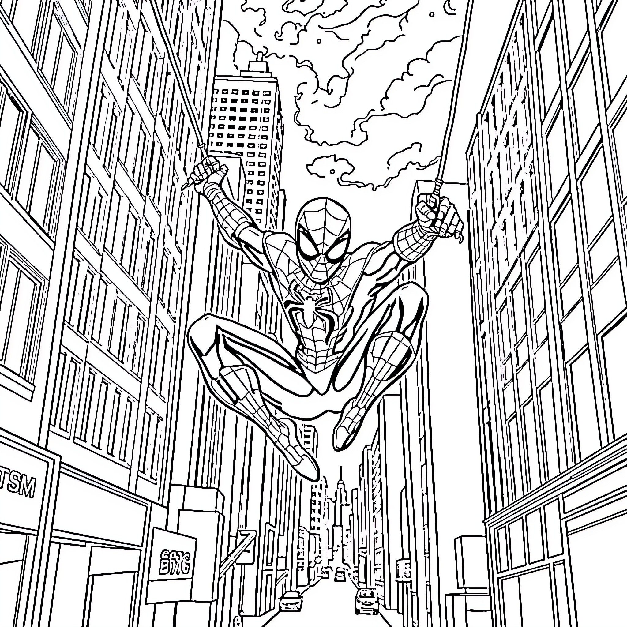 Spider-Man swinging through the city skyline Coloring Page (free black-and-white line drawing printable PDF for all, from beginners to advanced learners, including children, teens, adults, and seniors)
