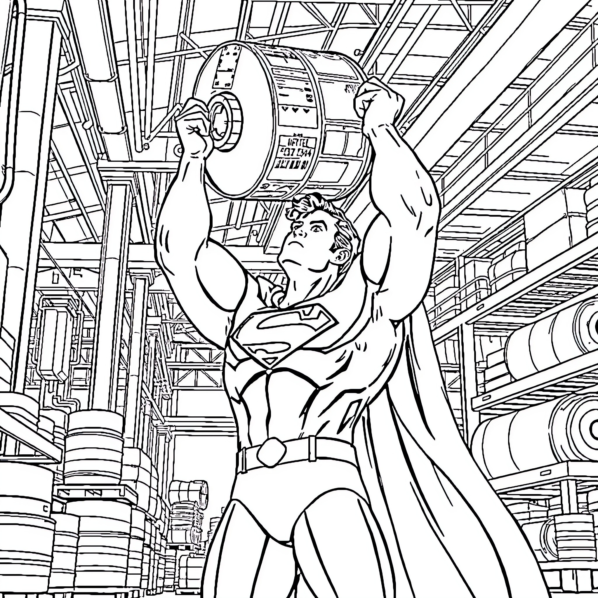 Superman Lifting Heavy Machinery in Industrial Setting Coloring Page (free black-and-white line drawing printable PDF for all, from beginners to advanced learners, including children, teens, adults, and seniors)